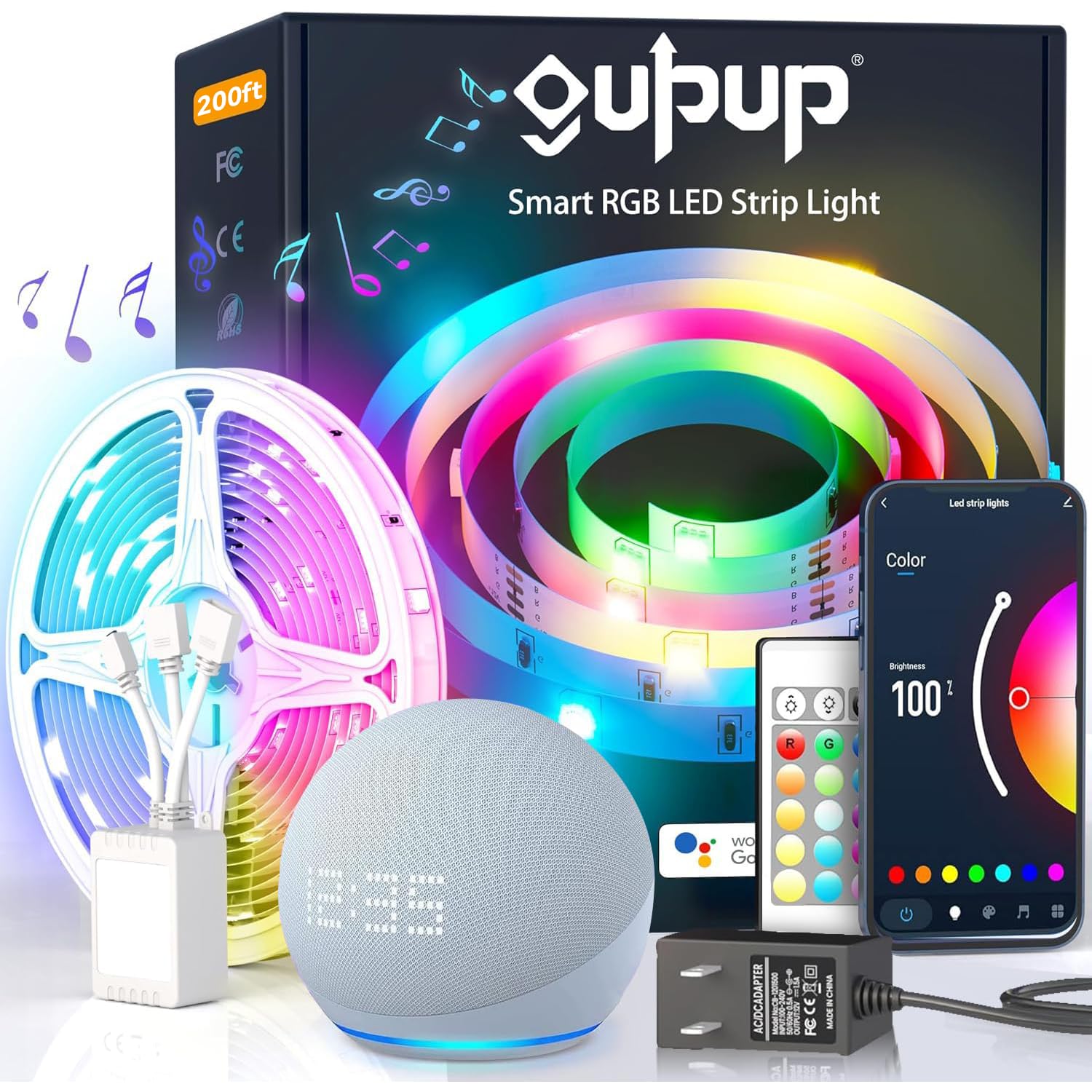 GUPUP 200ft LED Strip Lights WiFi, RGB Color Changing, Music Sync, Compatible with Alexa & Google Assistant, TCF0223120W-WA02-AUS-G1
