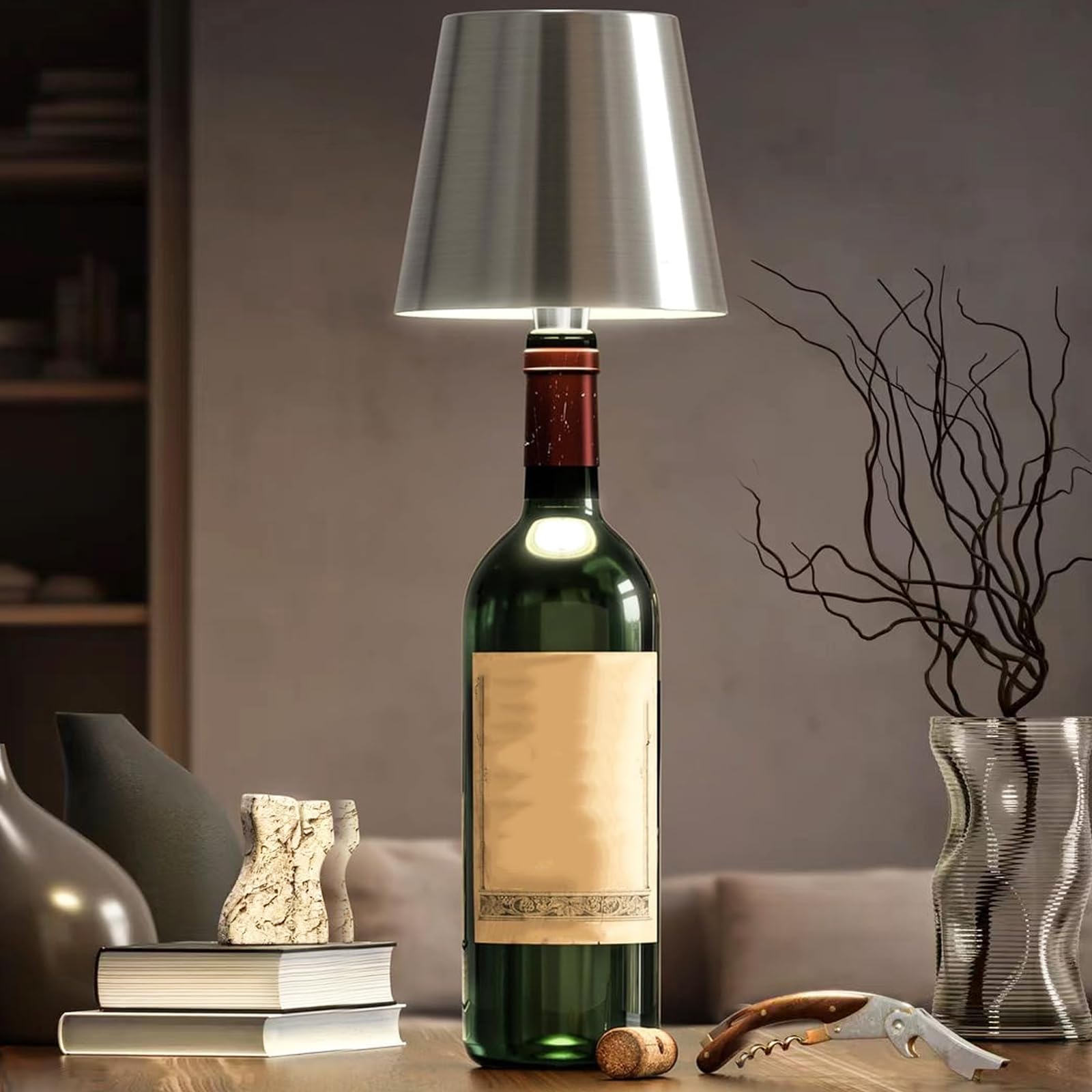 Neioaas Wine Bottle Lamp - Rechargeable Waterproof Touch Light, 3 Color Dimming, Silver, 1PC