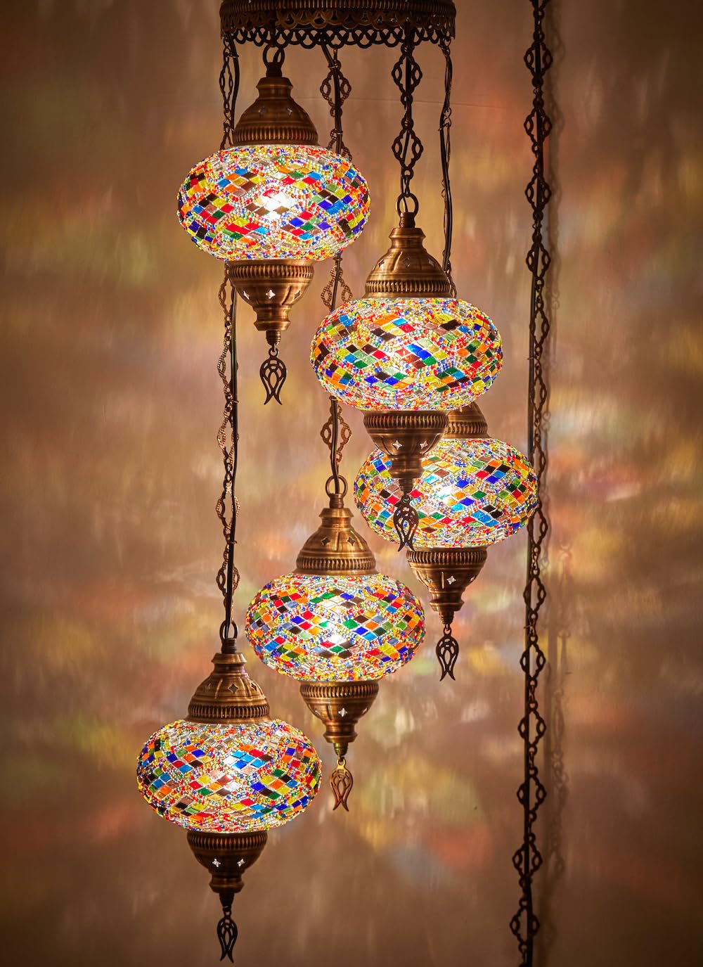 DEMMEX 7in  Moroccan Mosaic Plug-in Chandelier, Multicolor Glass Pendant Light, Swag5- Model, 15-ft Cord & Chain