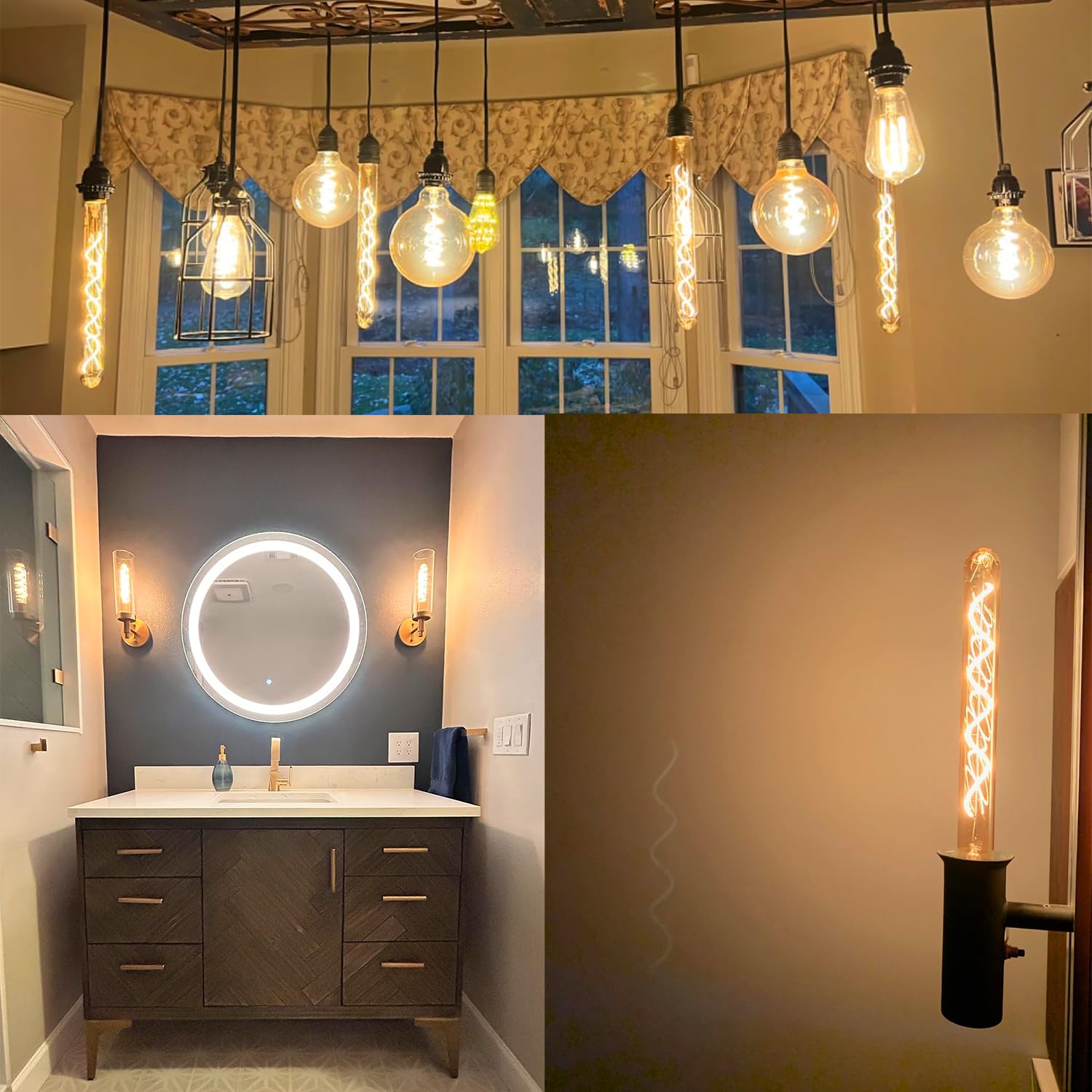Leools T10 Long Tubular Light Bulb,60 Watt Equivalent E26 Base Amber Vintage Edison Bulb 6W Dimmable Tubular Antique Style Decor