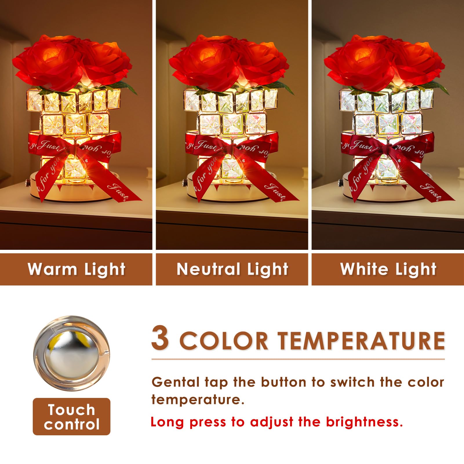 Rose Flower Table Lamp Gifts: For Women/MotherS Day/Mom/Grandma/Sister/Girlfriend  Battery Powered Small Night Light For Kitchen Bedroom Office Decor Rechargeable Cordless Touch Crystal Lamp