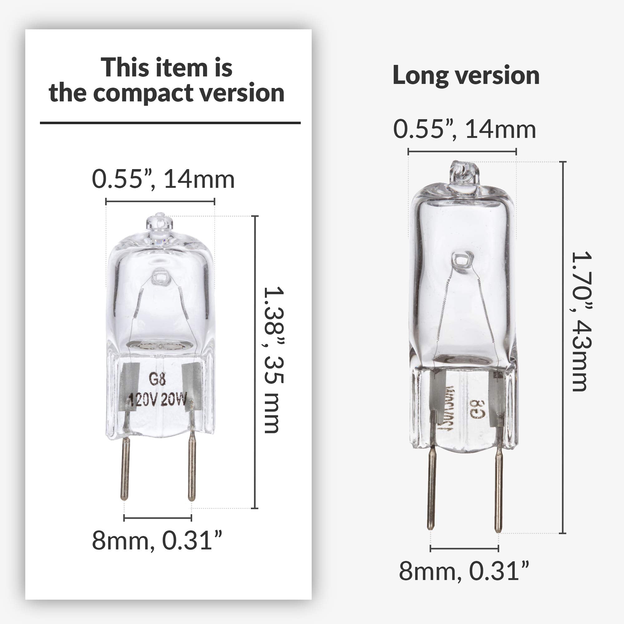 Simba Lighting G8 T4 Halogen Light Bulb 20W JCD Bi-Pin, 10 Pack, 1-3/8" Length, 2700K Warm White,
