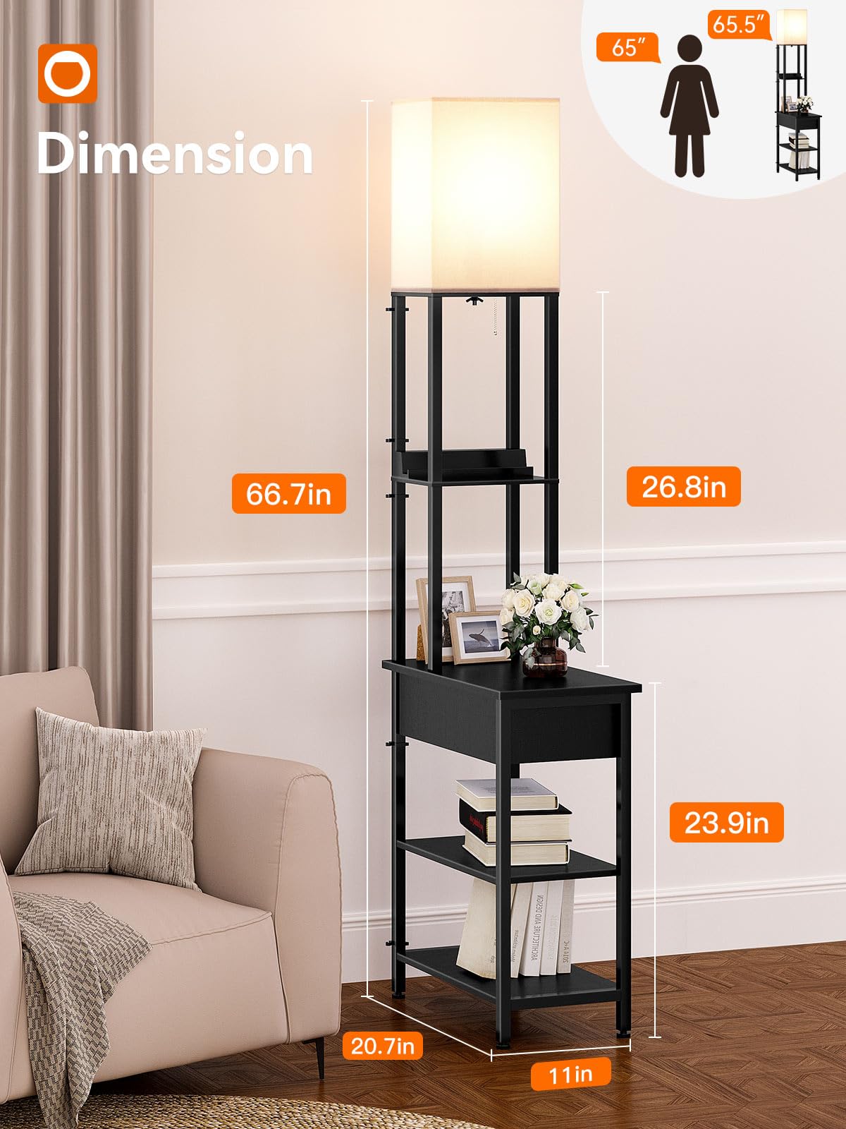 addlon Floor Lamp with USB & Outlet, 3CCT LED Bulb, Wood, Classic Black, Model AD-01-B, Storage Cabinet for Living Room & Office