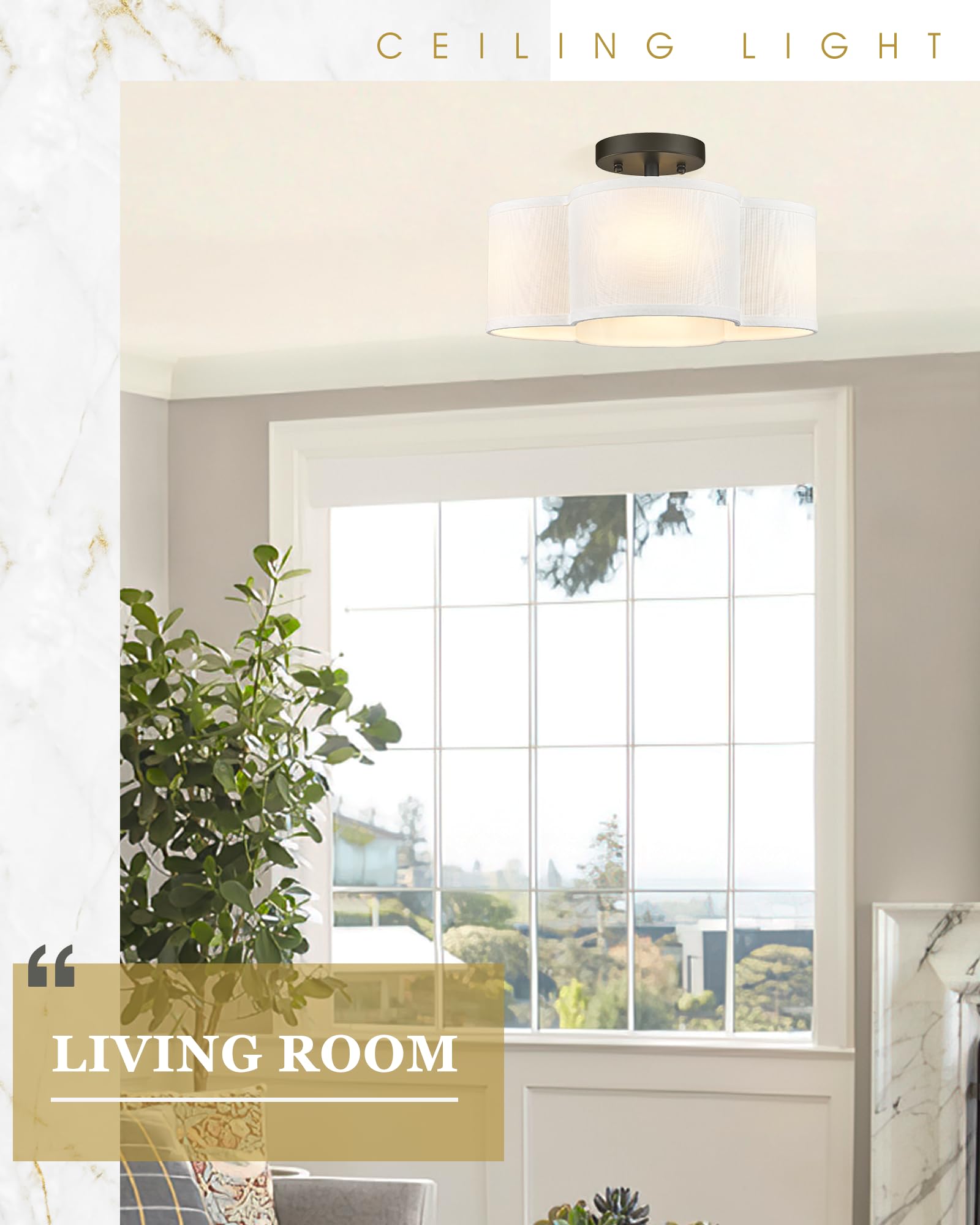 Audickic Black Semi Flush Mount Ceiling Light, 13" Fabric Shade, Quatrefoil Design, Metal, Model AD-22007-4SF-BK