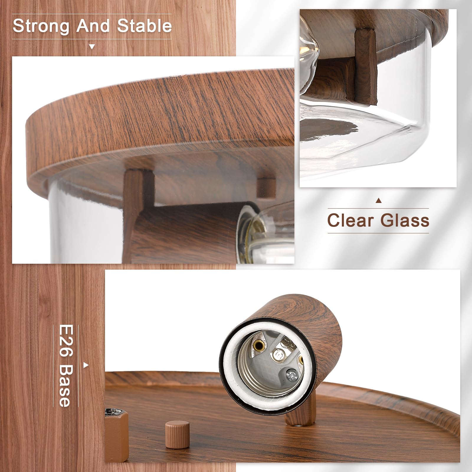 Luminzone 2-Light Flush Mount Ceiling Light, Clear Glass Shade, Wood Finish For Indoor/Outdoor