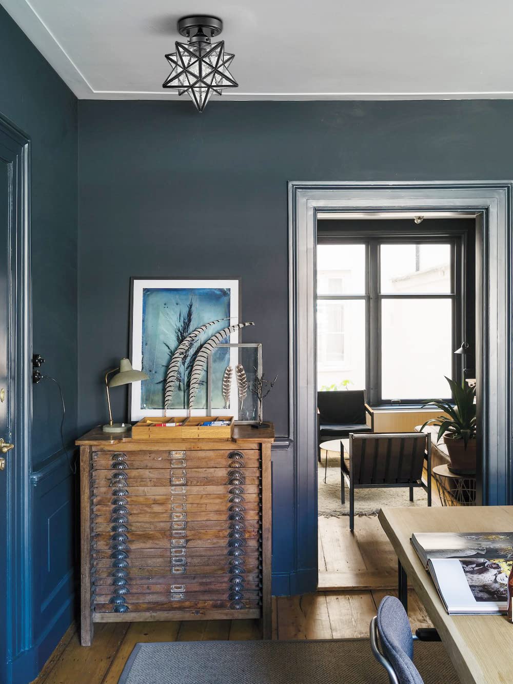 Axiland Moravian Star Light Flush Mount Ceiling Light Black With Seeded Glass Shade For Living Room Bedroom Kitchen Hallway