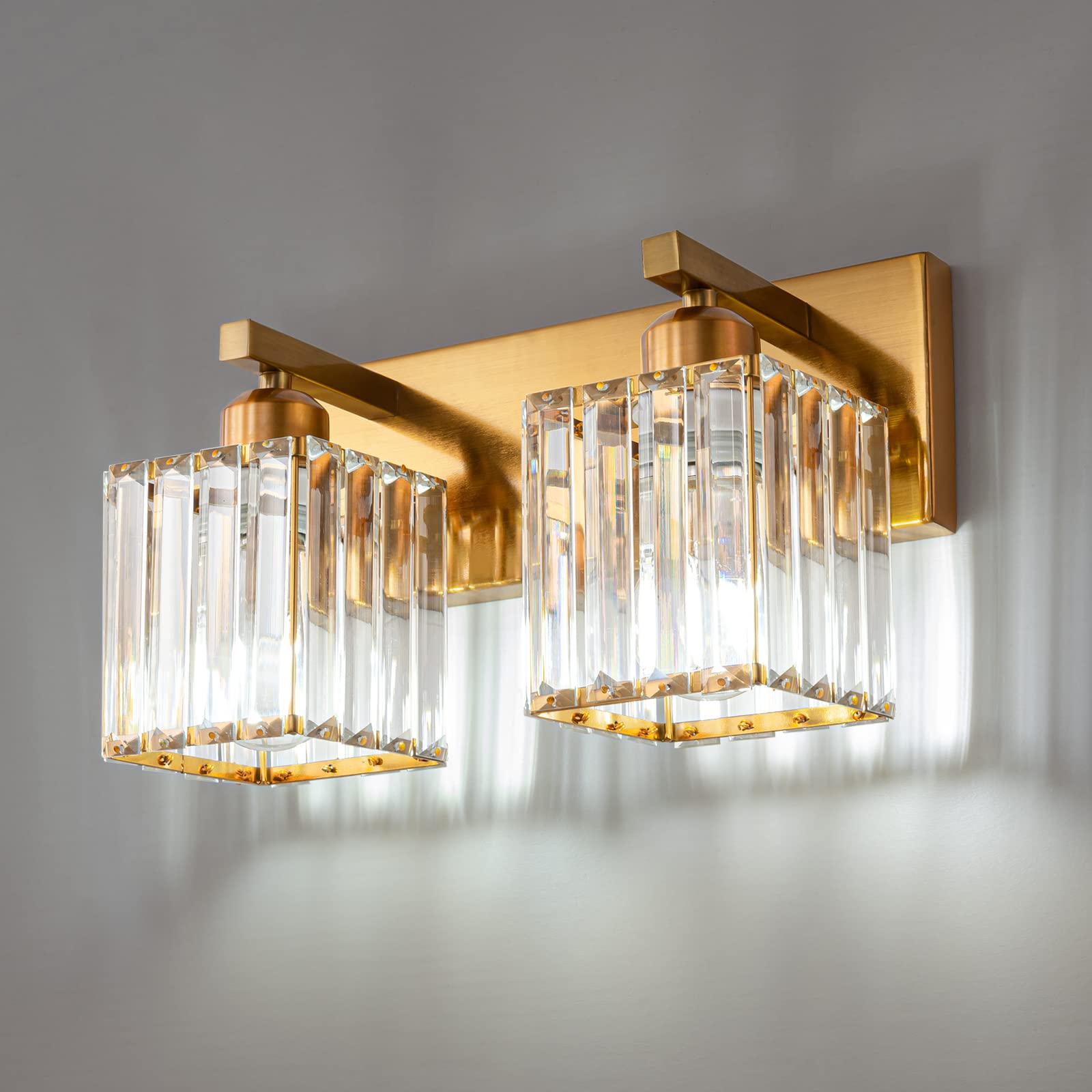 FDPBY 2-Light Wall Light - Modern Gold Brushed Brass Crystal for Bathroom Vanity, Model JW-002