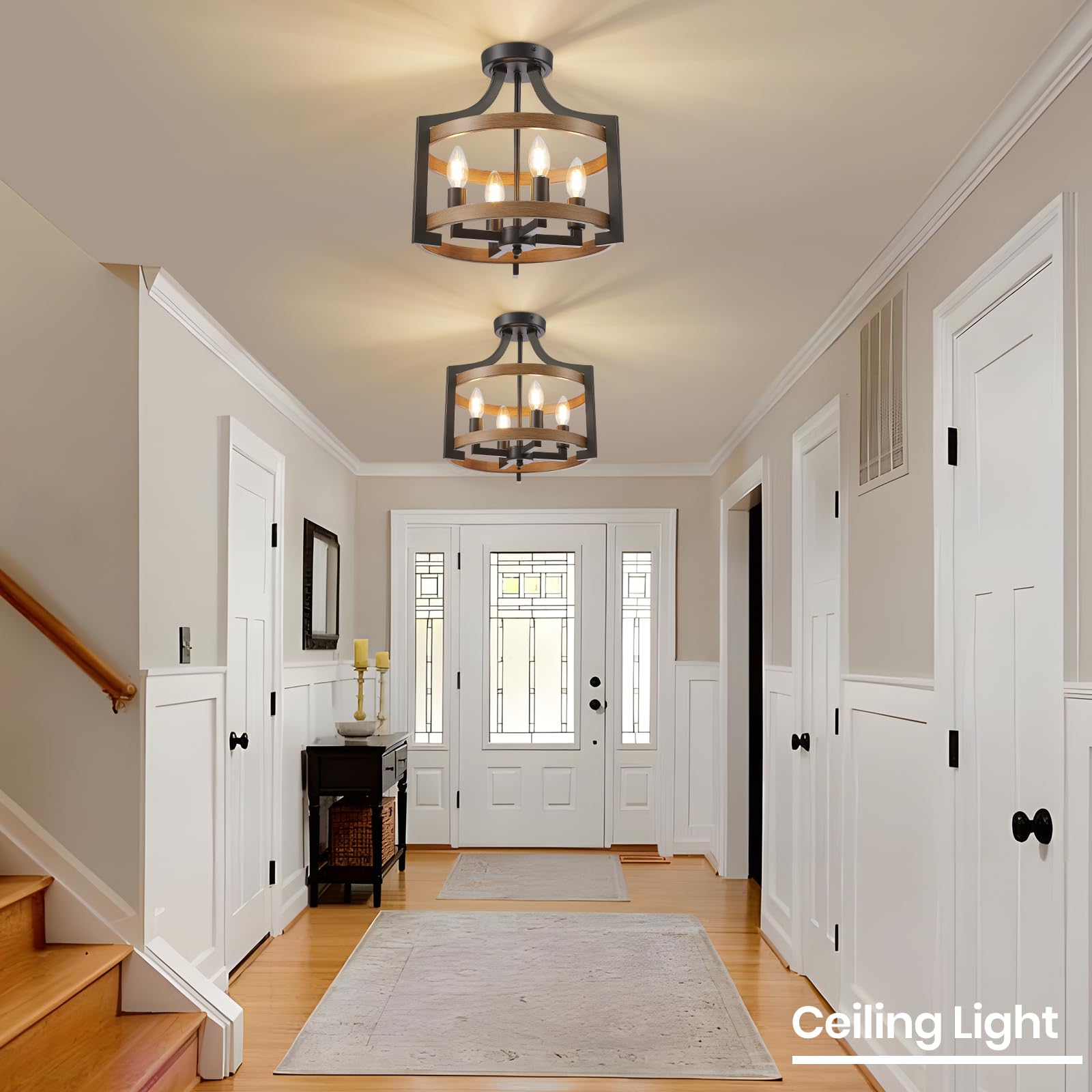 Hoxiya Farmhouse Chandelier, Convertible Semi Flush Mount Ceiling Light, 4 Light Modern Hanging Pendant Lighting, Black And Faux