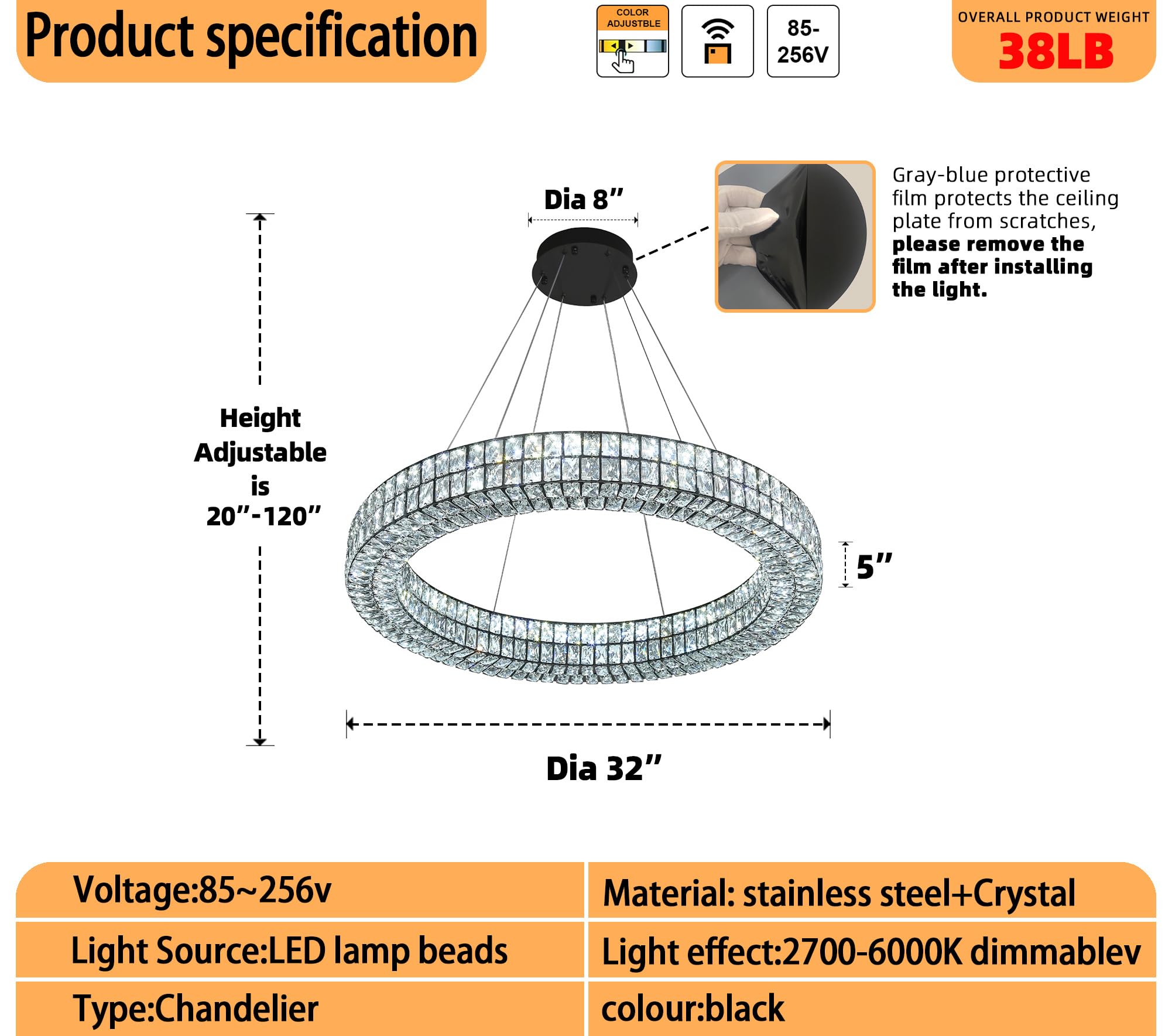 Idequy Modern 32 Inch Black Led Ring Chandelier Dimmable Crystal Chandelier For Living Room Dining Room Adjustable Ring Pendant