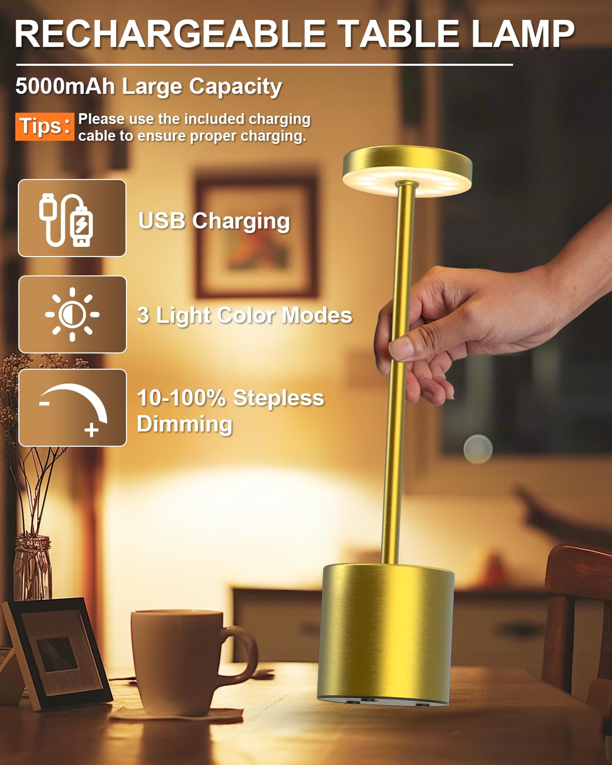 Swinerton Cordless Table Lamps Set of 2 - Rechargeable LED, 5000mAh Battery, Dimmable 3 Color Lighting, Gold