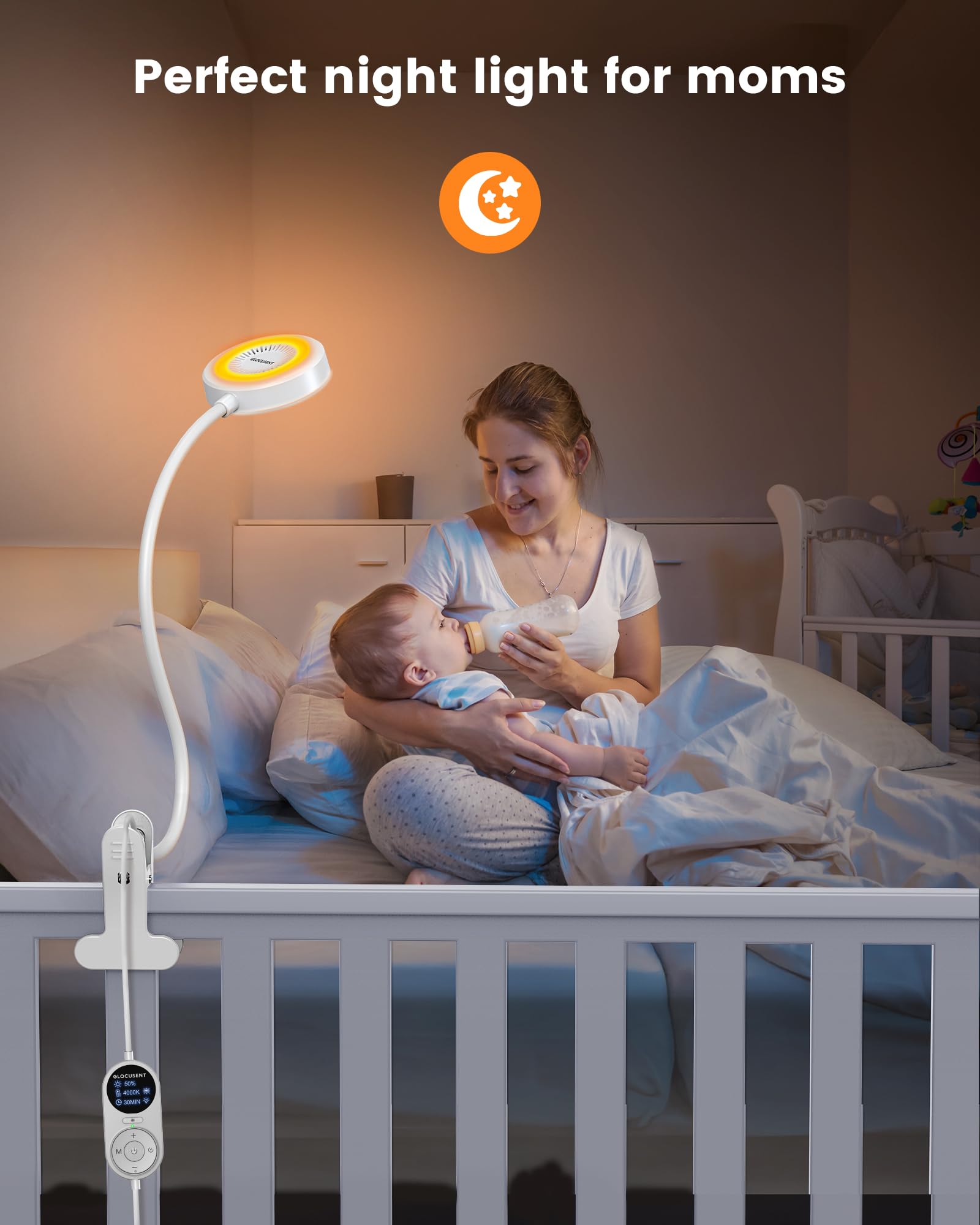 Glocusent Clip on Light - 72 LEDs Bed Lamp with Amber Night Light, 3 Colors, 5 Brightness Levels, Model A31, White
