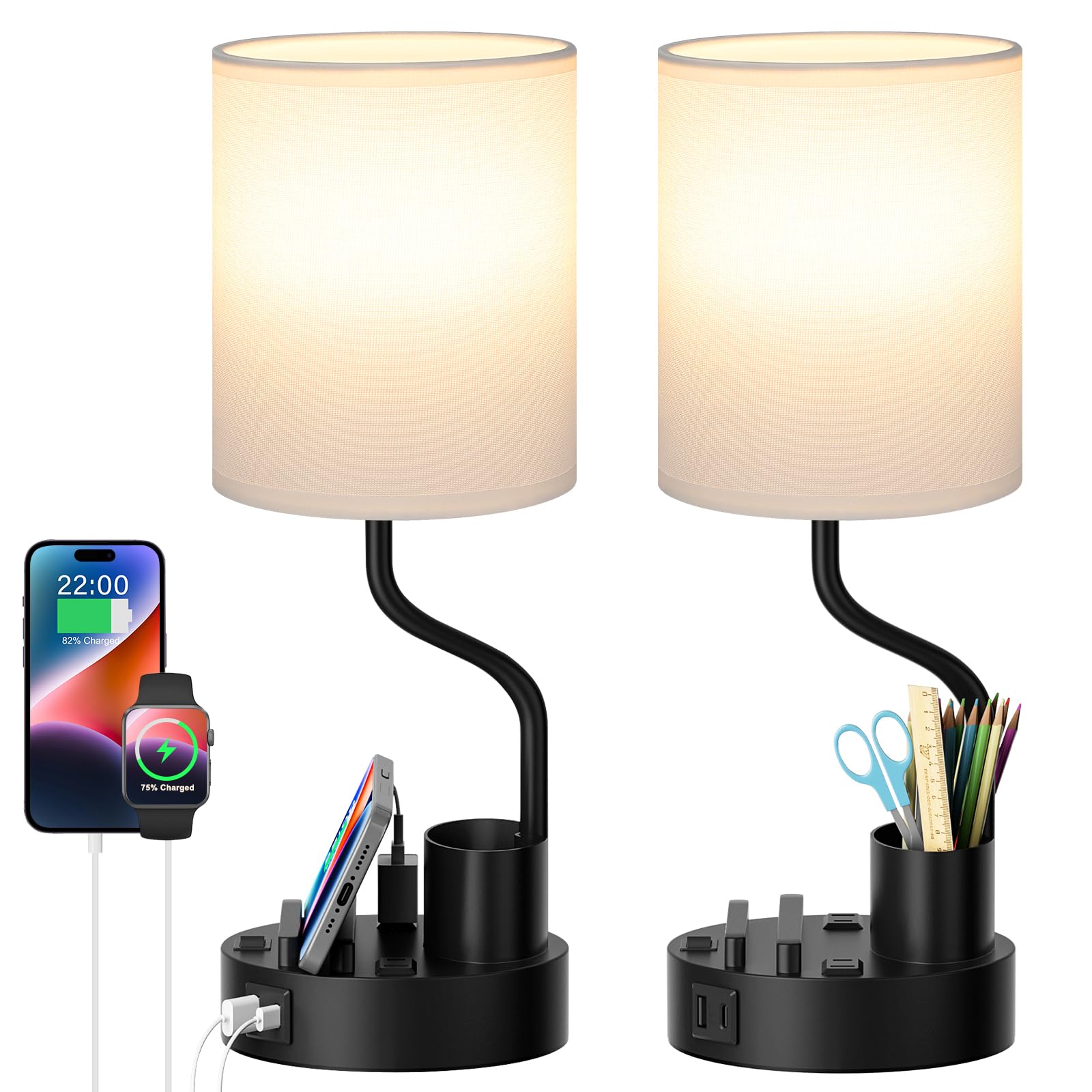 White Bedside Table Lamps for Bedroom Set of 2 - Nightstand Light with AC Outlet and USB A & C for Charging, 3 Color Temperature