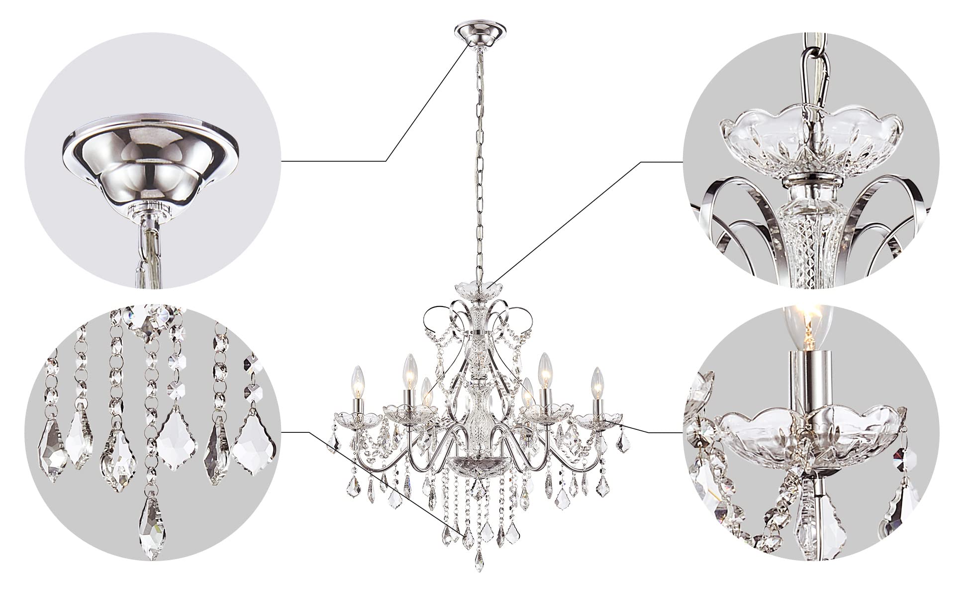 SM Saint Mossi 6-Light Crystal Chandelier, Modern Raindrop Pendant Lighting, H23" x D24", Chrome Finish, Model SM-DY-16076