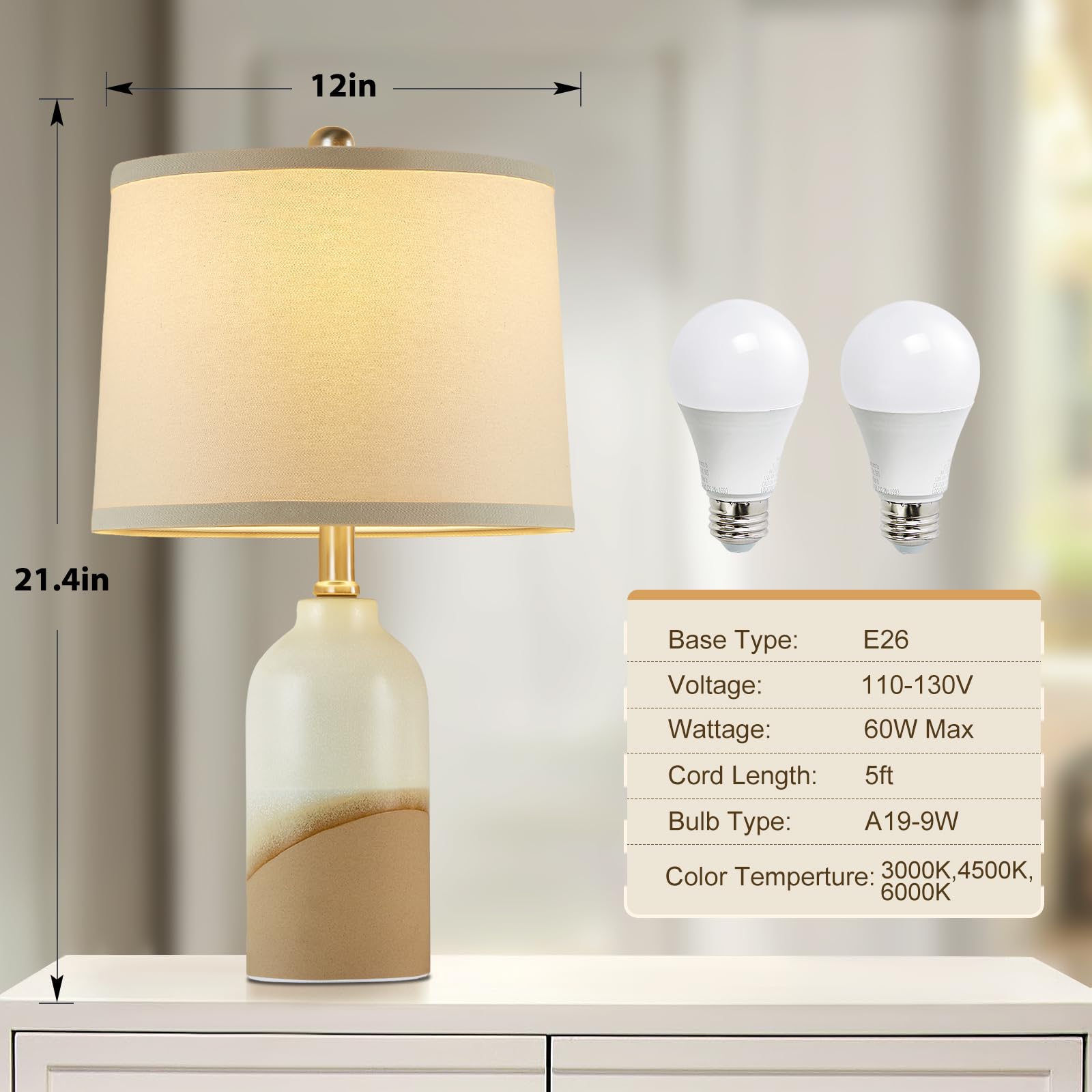 Luvkczc Ceramic Table Lamp Set Of 2, 3-Color Temperature Adjustable Bedside Lamps With Line Lampshade, Nightstand Lamps For Bedr