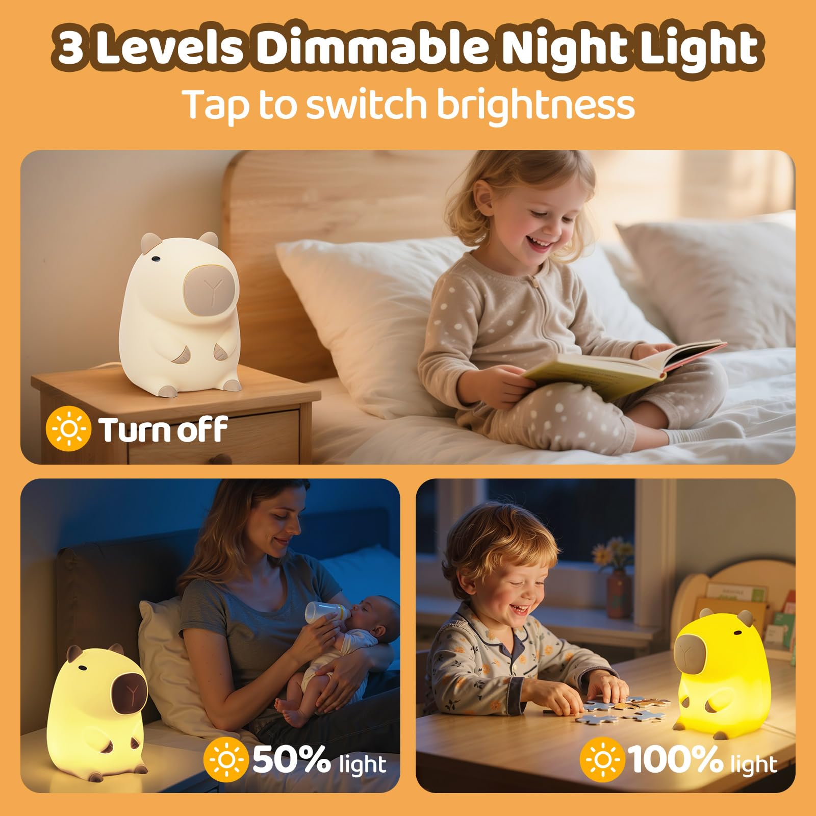 Huggwaii Squishy Capybara Night Light For Kids - Soft Silicone Tap-Control Kids Night Light With 2 Brightness Levels & 20-Min Timer  Cute Lamp For Nursery Bedroom Decor  Baby Gift (1200Mah Battery)
