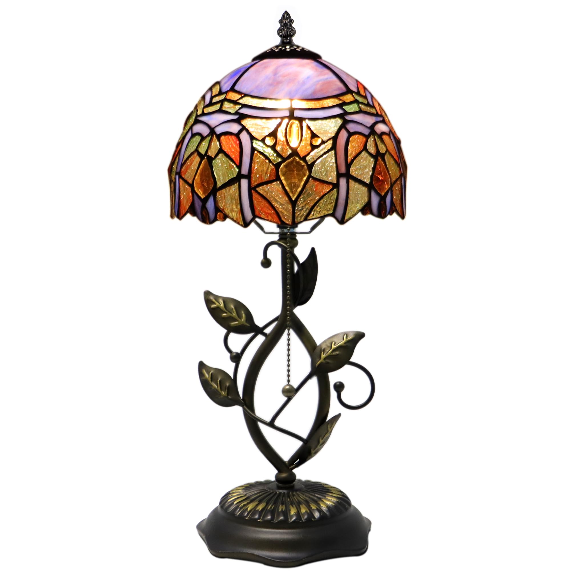 MQYXH Small Tiffany Lamp Purple Blue Amber Crystal Style Stained Glass Table Lamps Desk Bedside Reading Light 8X8X18 Inches with Bronze Metal Leaf Resin Base
