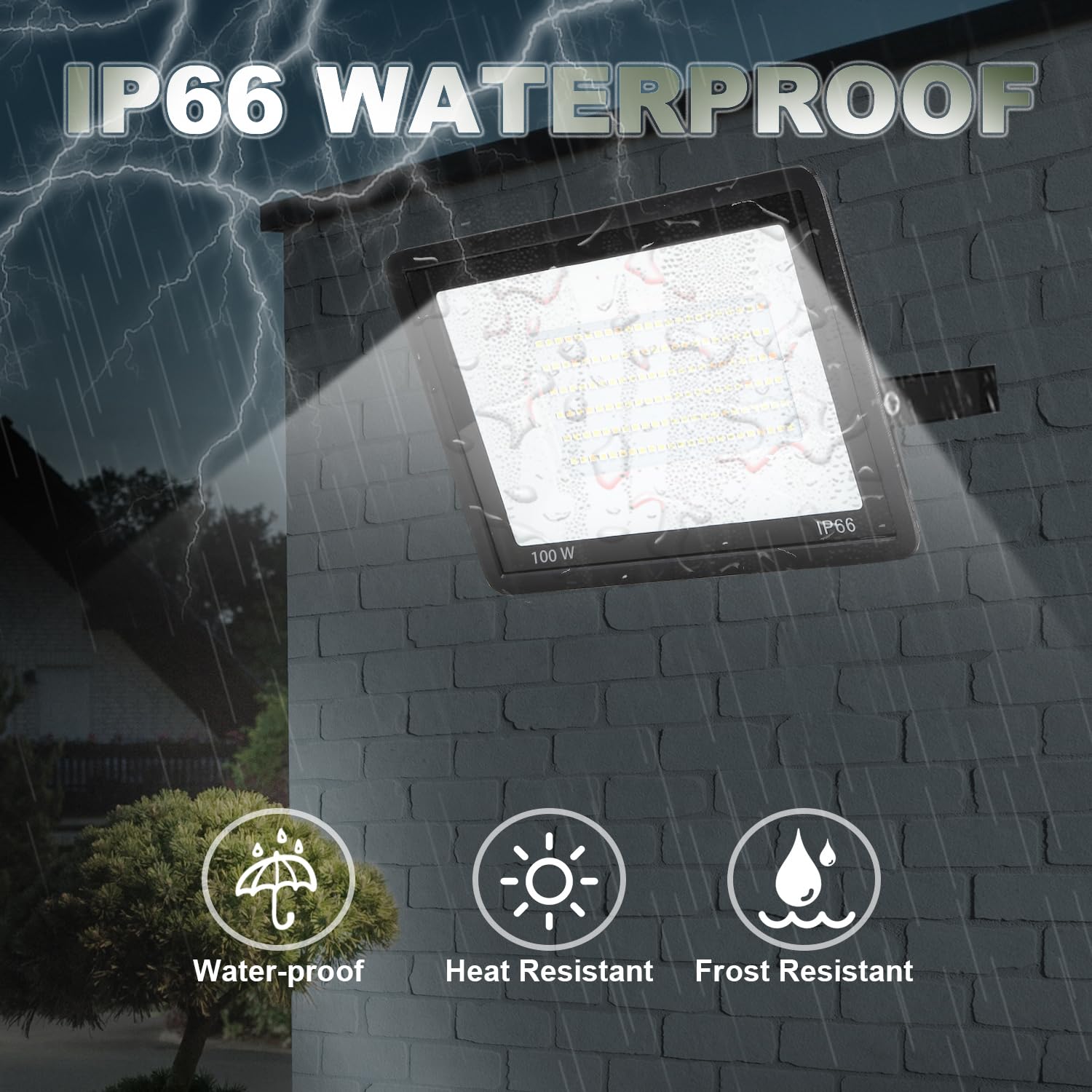 Qiyeka 2 Pack 100W Led Flood Light Outdoor,10000Lm Work Spotlight With Us Plug,6000K Daylight White,Ip66 Waterproof Exterior Sec