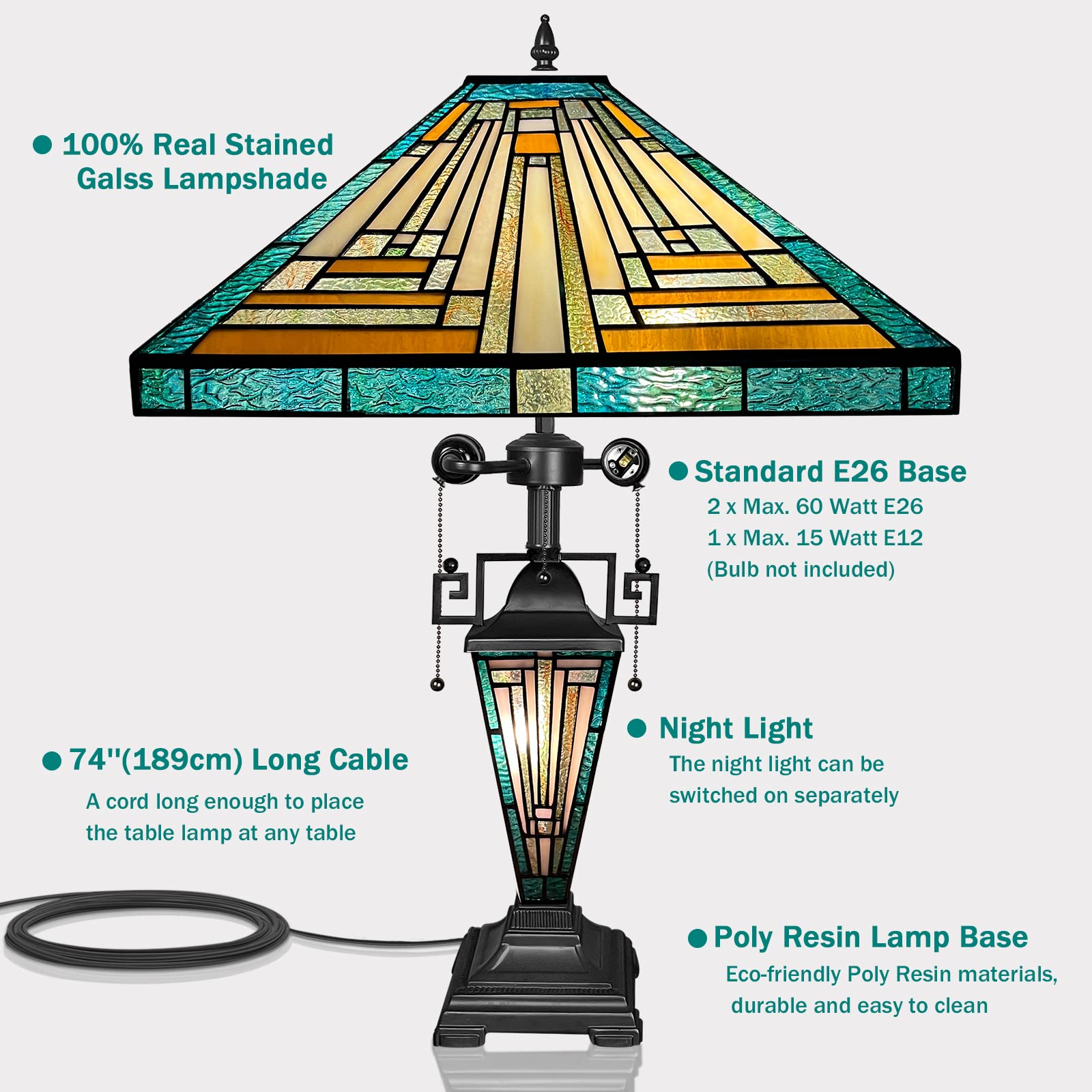 Capulina Large Tiffany Table Lamp 3-Light With Nightlight 16X16X25 Inches Mother-Daughter Vase Mission Green Amber Style Stained Glass Desk Light For Home Living Room Bedroom