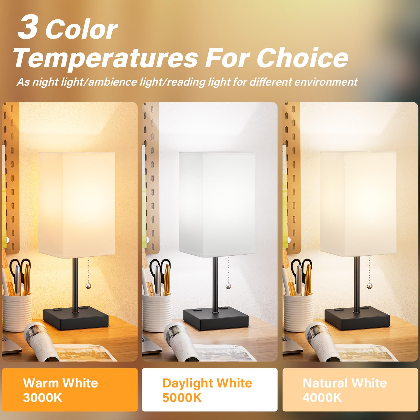 Aooshine White Medium Table Lamp With Usb Ports - 3 Color Temperature Bedside Lamp For Bedroom, Pull Chain Control, Usb A And C