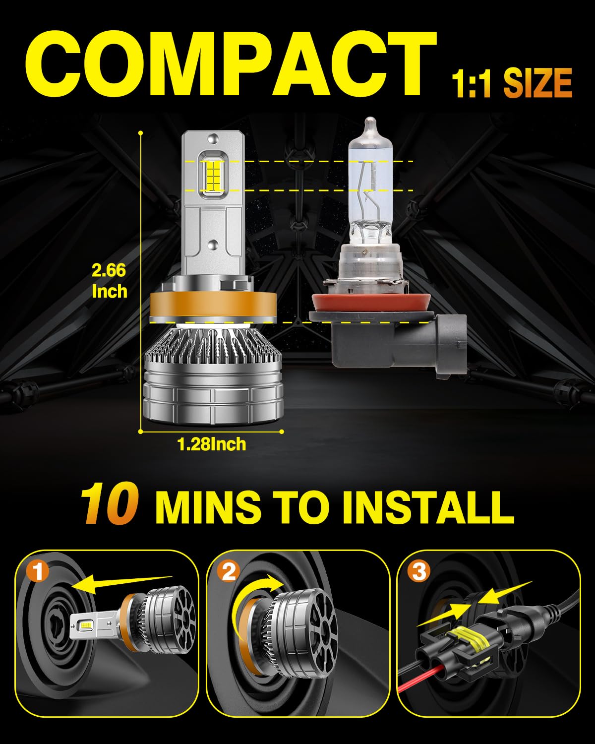 Termitor H11/H8/H9 LED Bulb - 800% Brightness, 6500K Cold White, IP68 Waterproof, 60,000 Hours Life, Plug and Play,