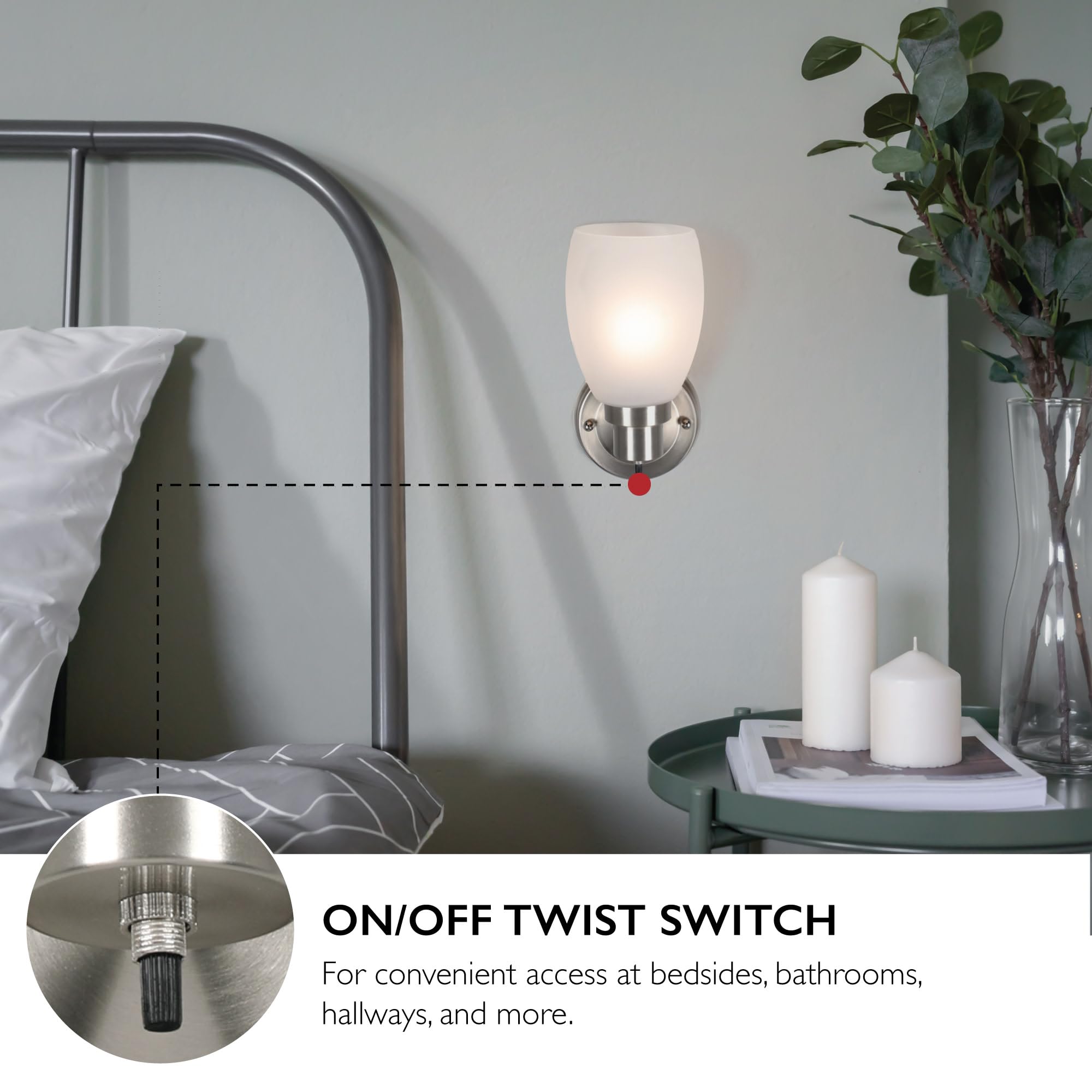 Design House Lydia Wall Sconce, 1 Light, Frosted Glass, Dimmable, Twist On/Off Switch, Satin Nickel, 4.88 In X 5.125 In X 9.75 I