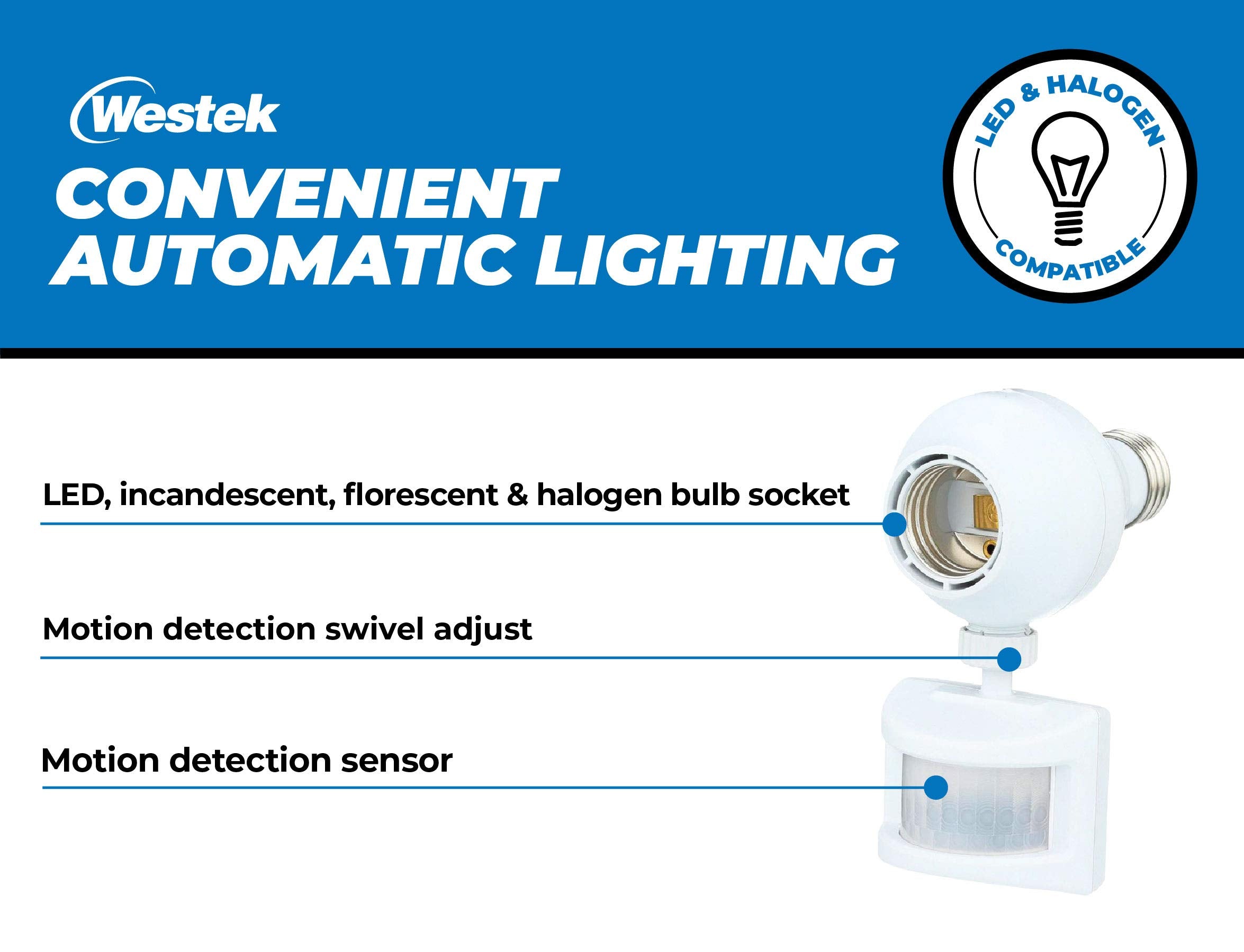 Westek Motion Sensor Light Socket Adapter, 2 Pack, 20ft Detection Range, Model OMLC163BC, Copper Material