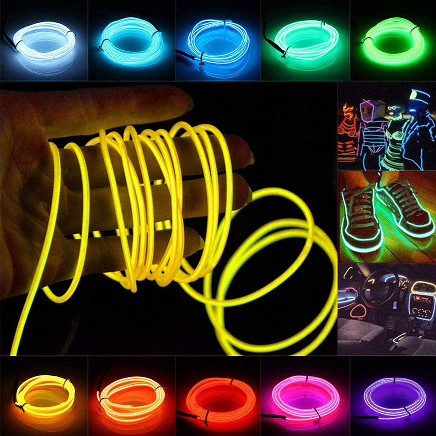 Jiguoor Usb Rechargeable El Wire 32.8Ft/10M (5Mx2) Bright Neon Light Strip 360° Illumination Neon Tube Rope Lights For Diy, Festival, Party Decoration, Halloween, Chrismas (32.8Ft/10M, Yellow)