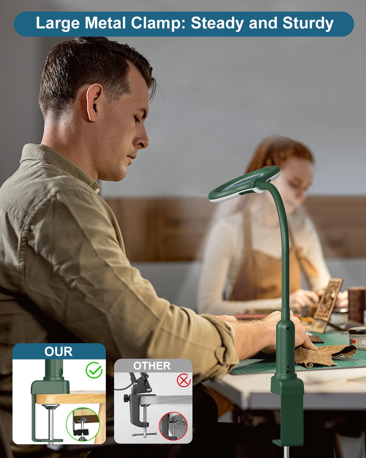 RackydigPro 10X Magnifying Glass with LED Light, Flexible Gooseneck Desk Lamp, Plastic, Green, Model GJT031FE01R