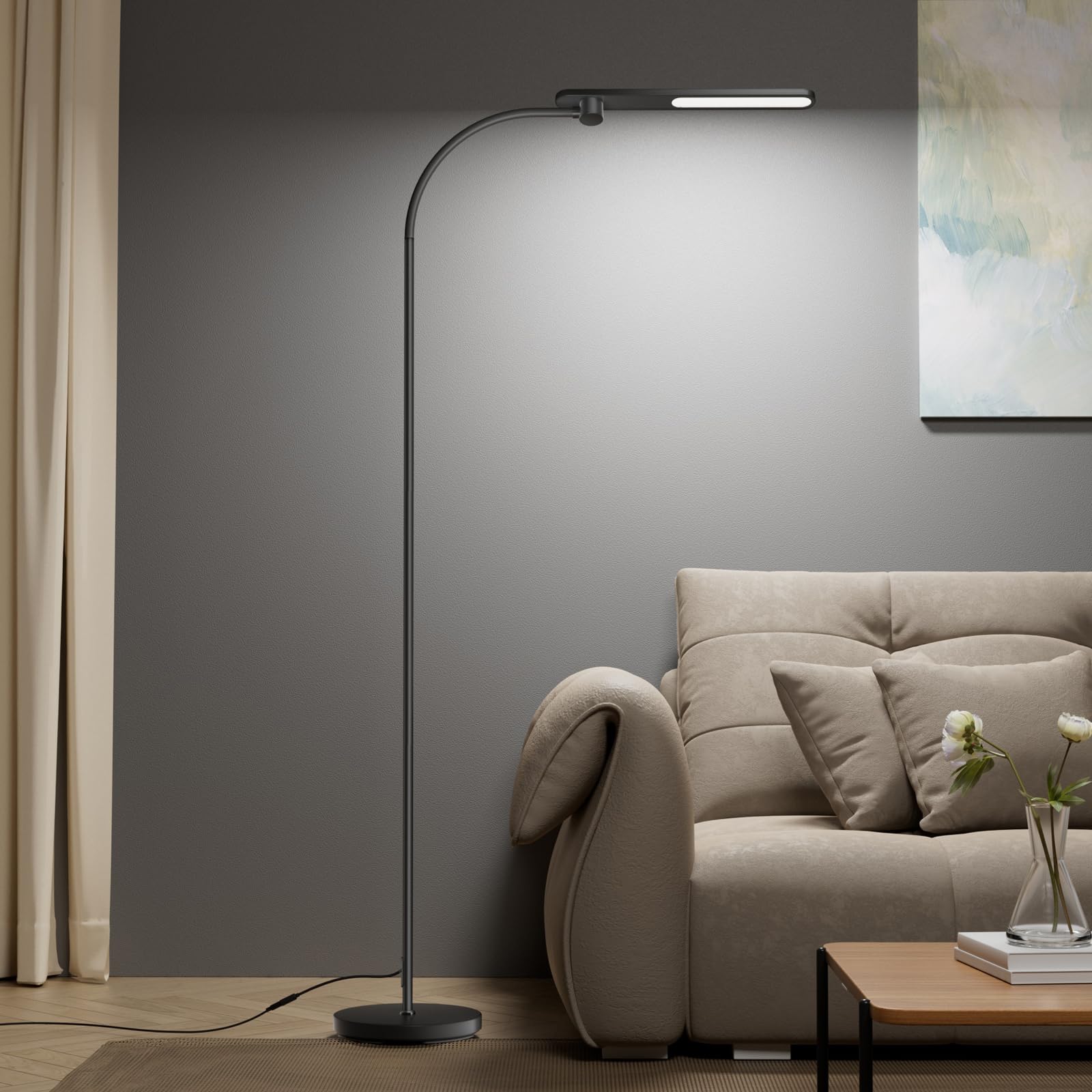 Honeywell LED Floor Lamp F4 Sunturalux Gooseneck Black Modern Dimmable Reading Light for Living Room Bedroom Office