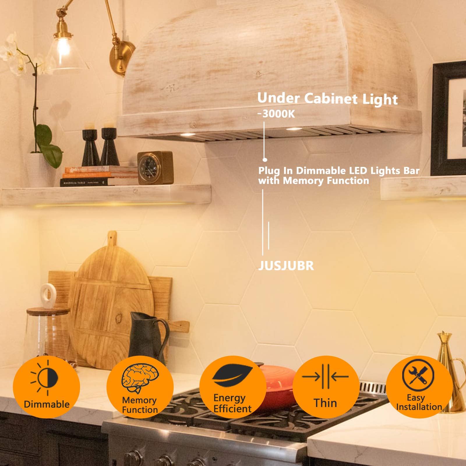 JUSJUBR Under Cabinet Lighting LED Sink Light, 12 Inch, Warm White 3000K, Dimmable, Slim Aluminum Light Bar