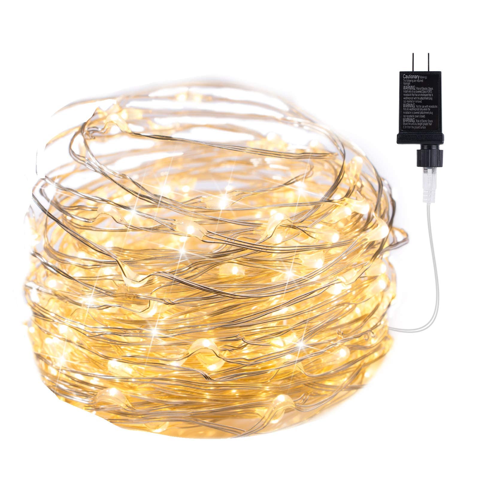 Minetom Fairy Lights Plug In, 33Ft 100 Leds Waterproof Silver Wire Firefly Lights, Adaptor Included, Starry String Lights For Wedding Indoor Outdoor Christmas Patio Garden Decoration, Warm White