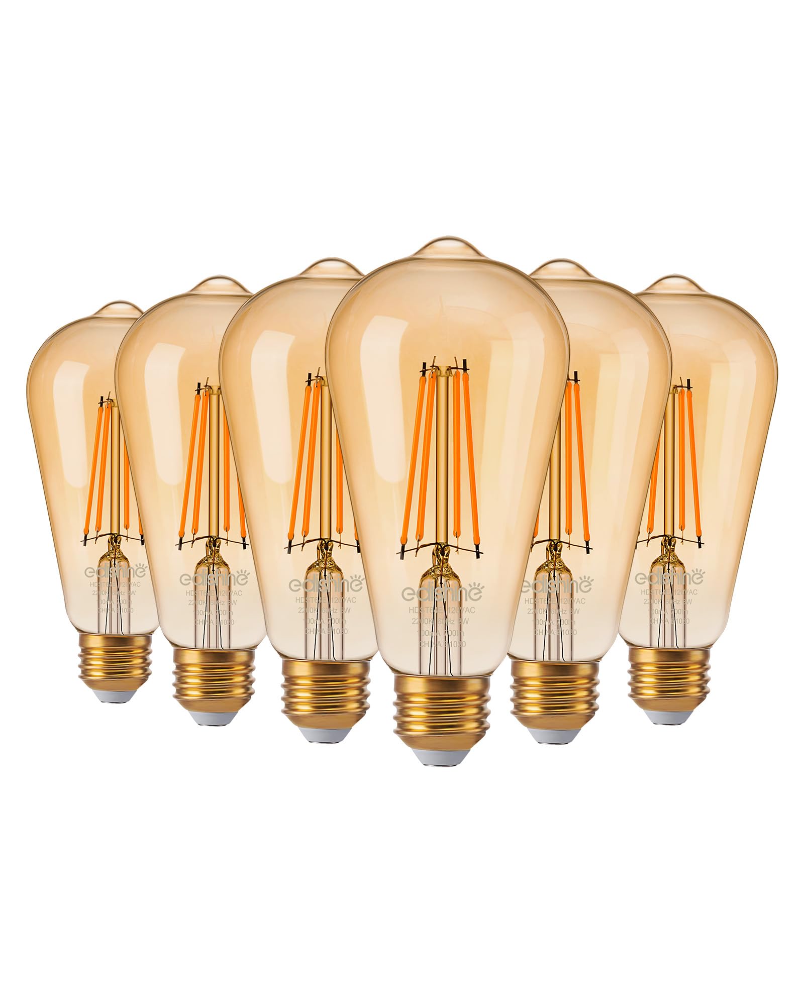 Edishine 6 Pack Vintage Led Edison Bulbs 8W Equivalent 60W, St64 Dimmable Led Light Bulbs, 700Lm 2200K Amber Warm Light E26, Dec
