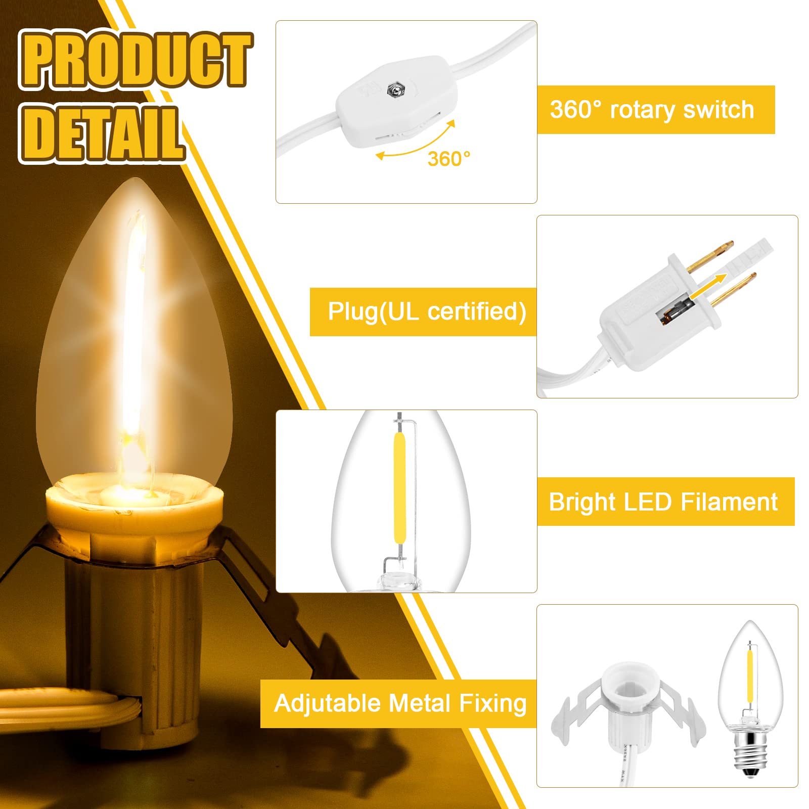 2Pack Accessory Cord With 12 Led Light Bulbs Christmas Village String Light 10.3Ft White Cord With Spare Fuse Warm White C7 Lamp For Halloween Pumpkins Christmas Village Houses And Craft Decoration