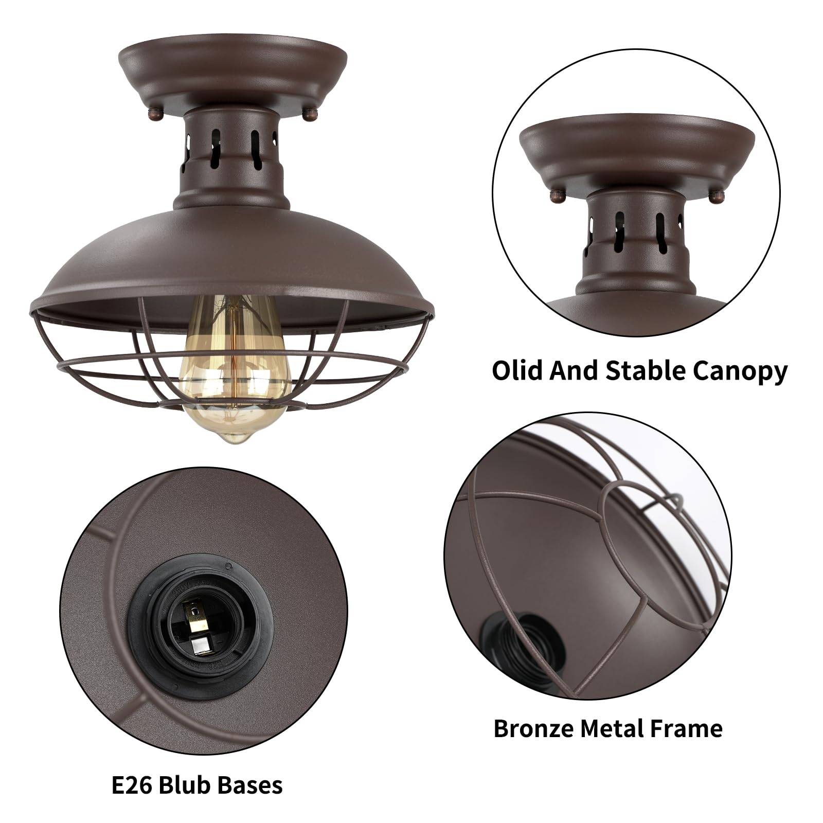 FRIDEKO HOME Farmhouse Flush Mount Ceiling Light, 2 Pack, Rustic Copper Metal, E26 Base for Hallway, Foyer, Kitchen, Porch