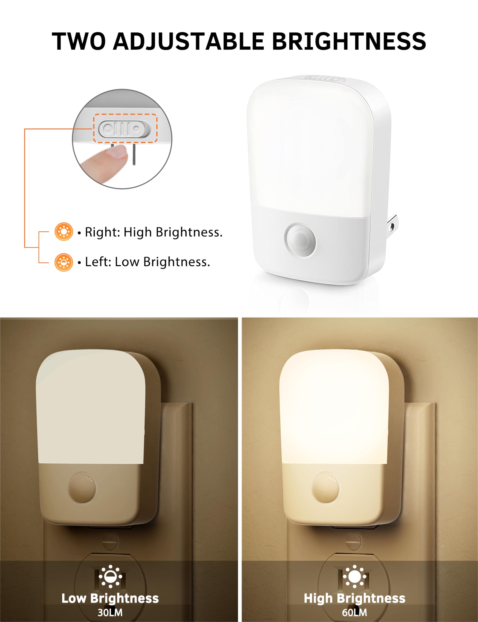 Specmsky Night Lights Plug Into Wall, Bright Night Light With Dusk To Dawn Sensor, 3000K Warm White Adjustable Brightness Led Nite Lights For Kids, Nursery, Pet, Bedroom Hallway Kitchen, 2 Pack