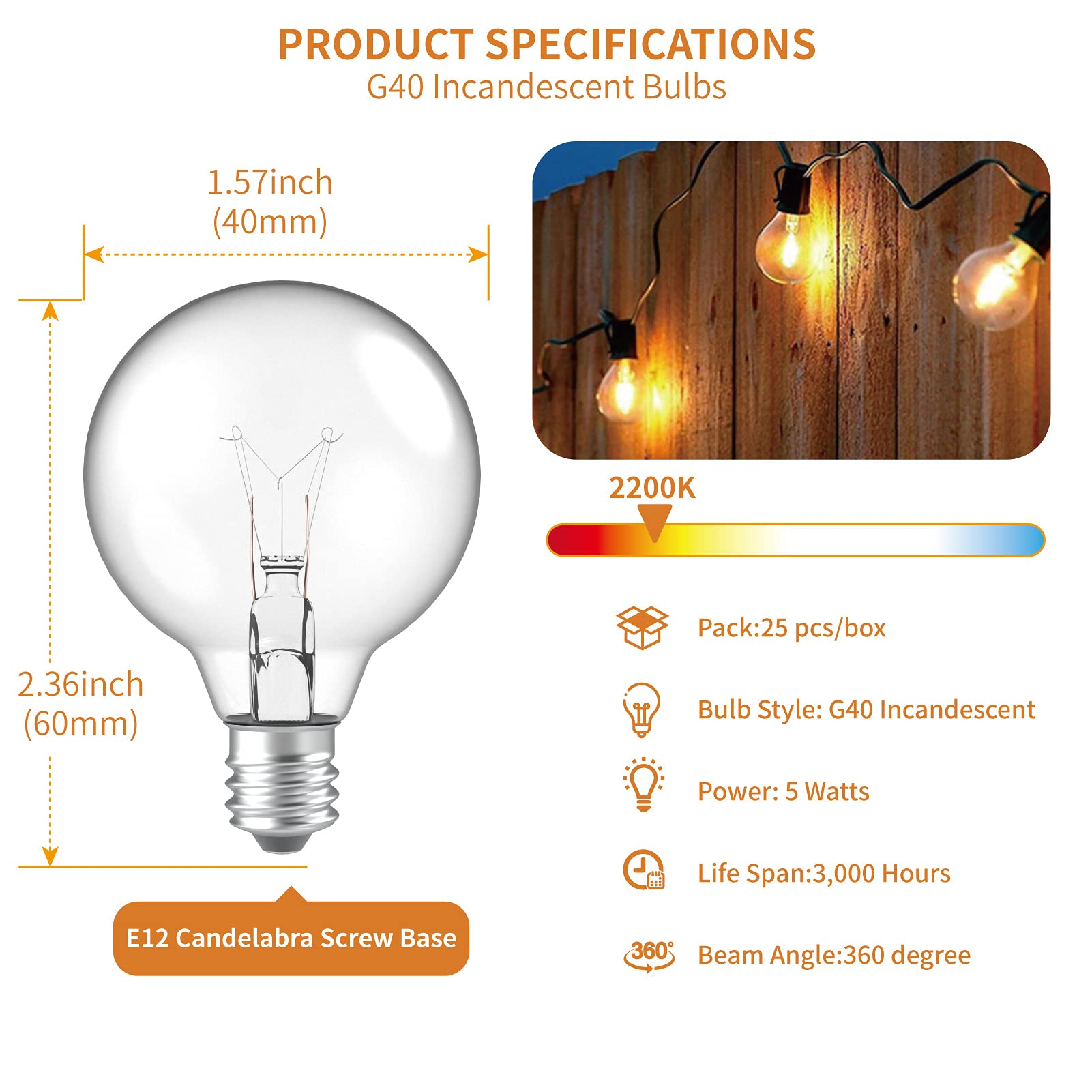 Meconard G40 Replacement Light Bulbs, E12 Candelabra Screw Base 5Watt Dimmable Clear Glass Globe Incandescent Bulbs For Indoor Outdoor String Lights,Warm White,25Pack