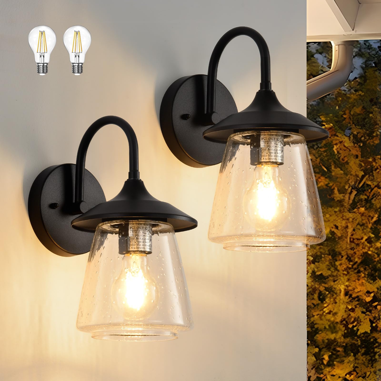 Outdoor Wall Sconce, Exterior Waterproof Wall Light Fixture, Outside Porch Light with Bubble Glass Shade, Matte Black Outdoor Wa
