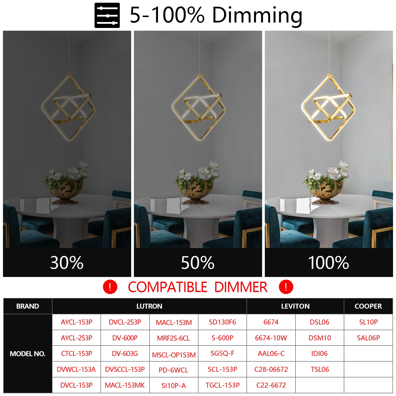 Bnhhlz Modern Led Pendant Light Gold Pendant Lights 4000K 35W Dimmable Height Adjustable Pendant Lighting Rectangle Chandelier For Kitchen Island Dining Room Bedroom Living Room Foyer(3-Ring)