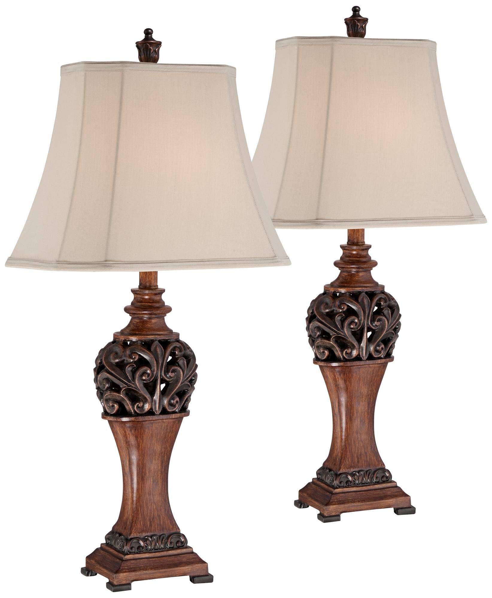 Regency Hill Table Lamps Set of 2, 30in Tall, Bronze Wood Carved Leaf, Creme Bell Shade, Model 3R187, Living Room/Bedroom Decor