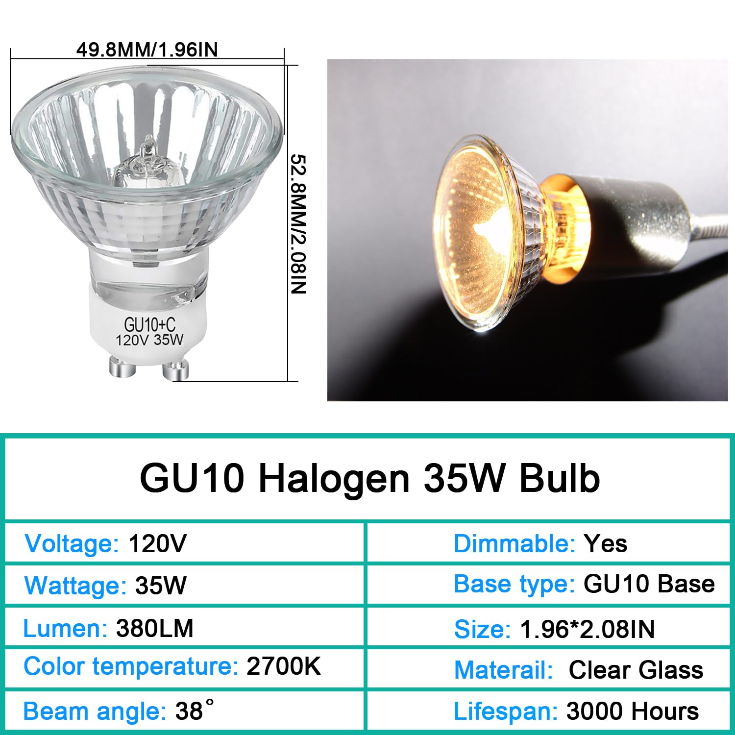 Lacnooe Gu10 Halogen 35W Bulbs, 6 Pack Gu10+C 120V 35W Halogen Light Bulbs With Long Lasting Lifespan, Dimmable Mr16 Gu10 Light