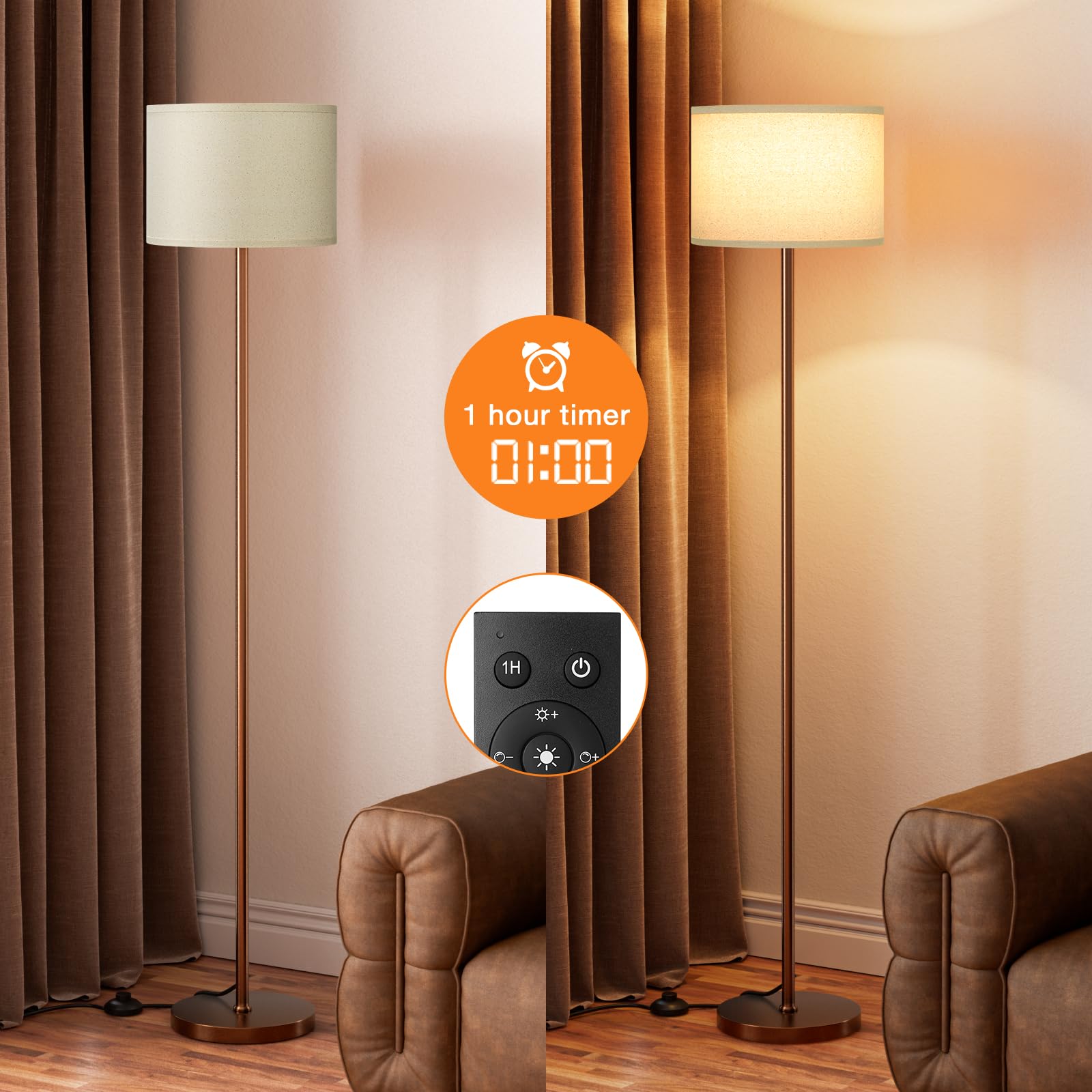 Ambimall Floor Lamp with Remote Control, Stepless Dimmable, 60 inches, Metal, Beige & Brown, Model RPT-ZGB125