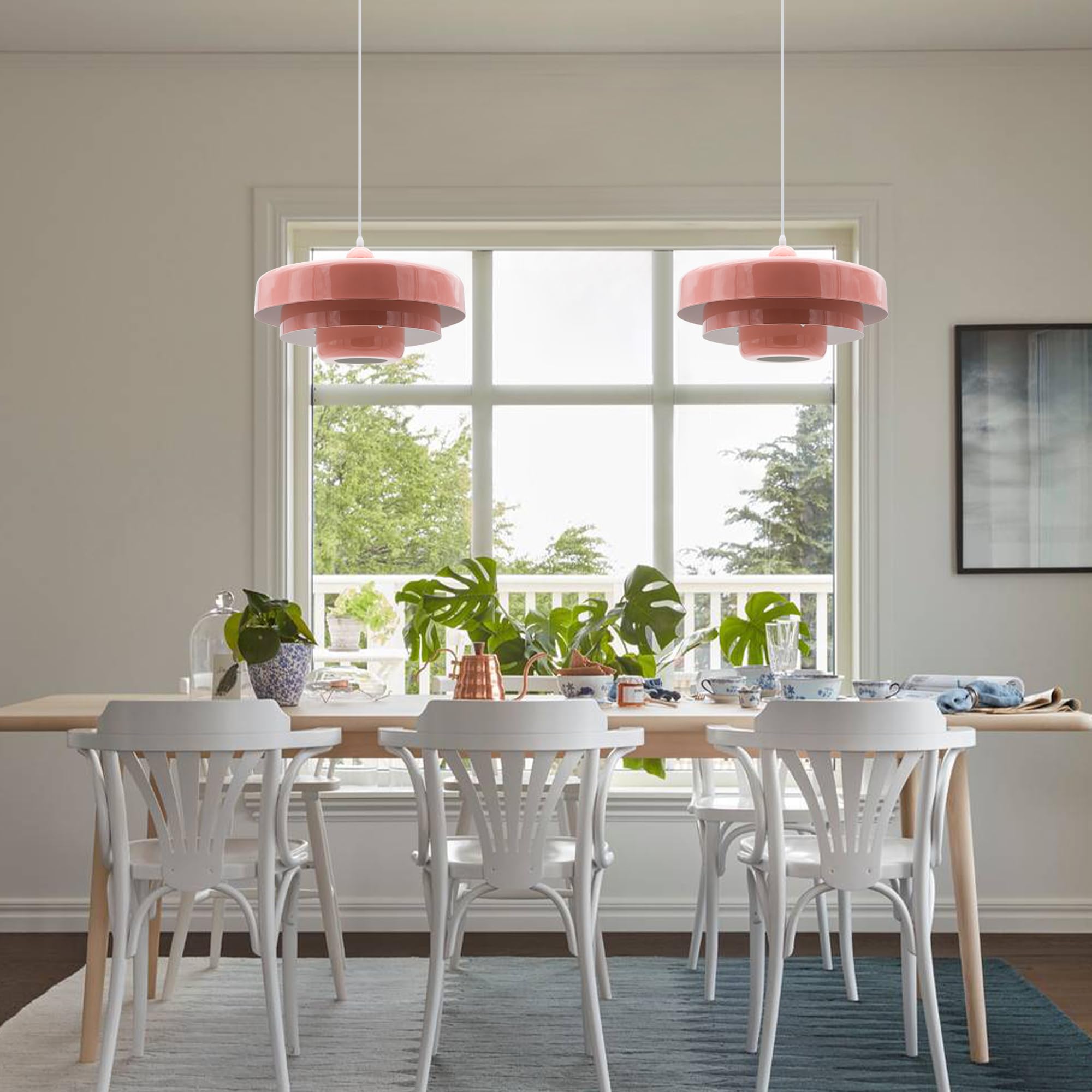 Doungros Hanging Lamp Pink Plug In Pendant Light Mid Century Modern Pendant Lamp Fixtures Nordic Hanging Light Style Pendant Lighting Metal Shade For Living Room Dining Room Bedroom Kitchen Island