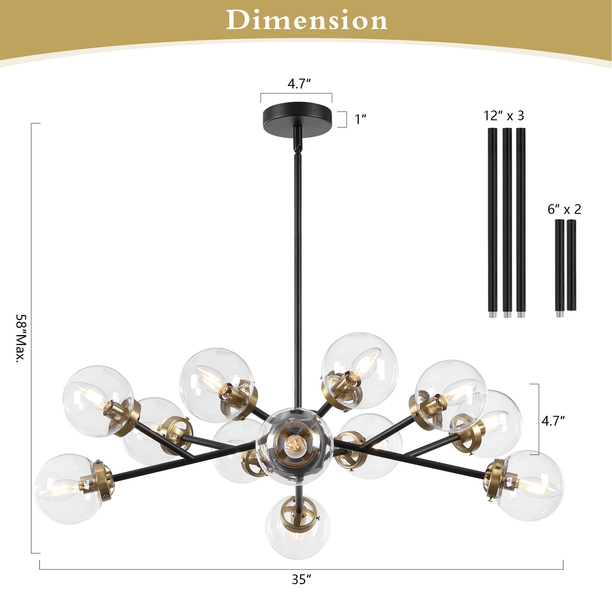 Wingbo 12-Light Sputnik Chandelier, Modern Pendant Light Fixture With 4.7" Clear Glass Globe Shade For Flat And Slop Ceiling, Height Adjustable For Kitchen Living Room Dining Room Bedroom, Black