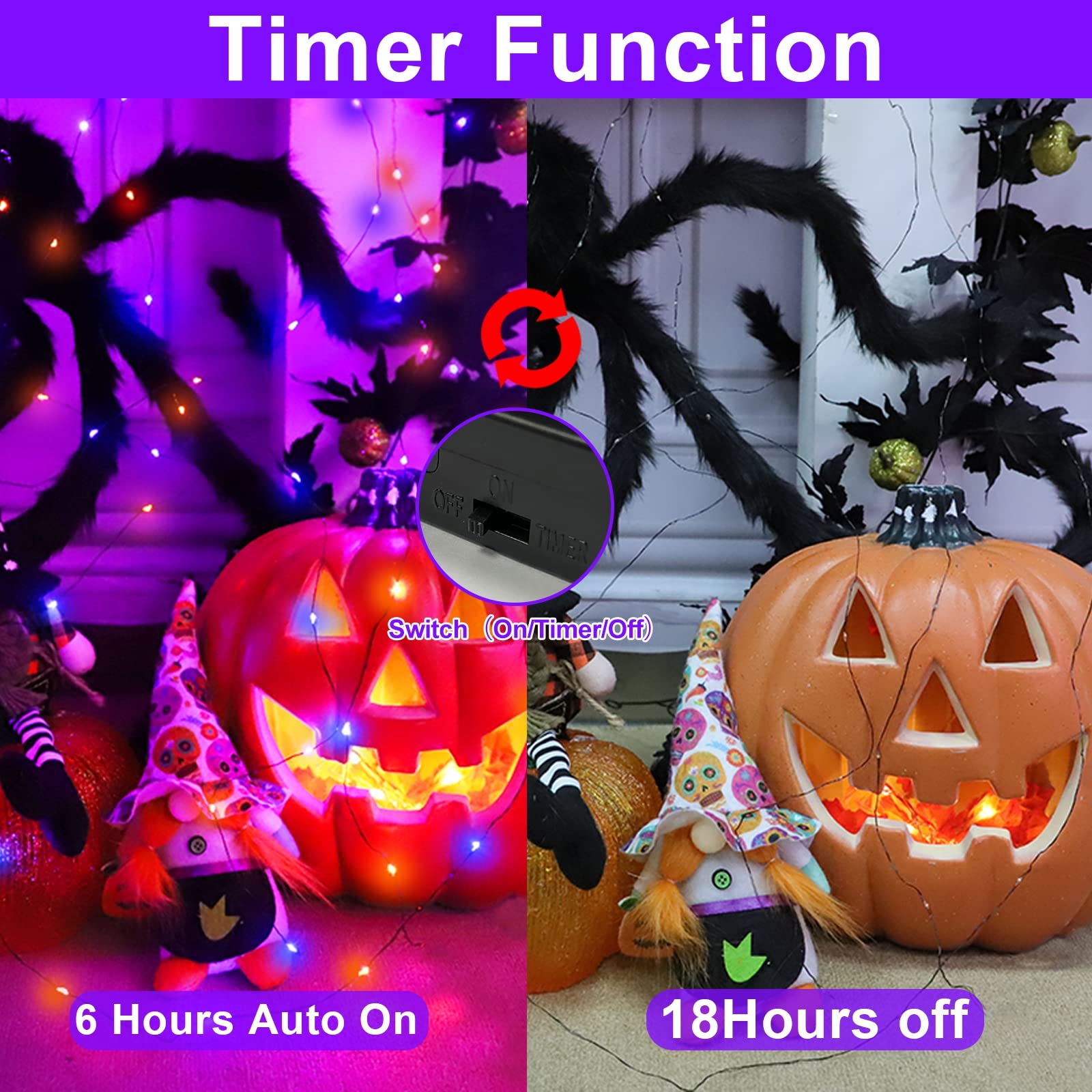 [3Pack&Timer] Halloween Lights Decorations, Total 150Led/50Ft Black Wired String Fairy Orange Purple Lights Battery Operated Halloween Decor Indoor Outdoor Garden Yard Party, 50Led/16.4Ft Each