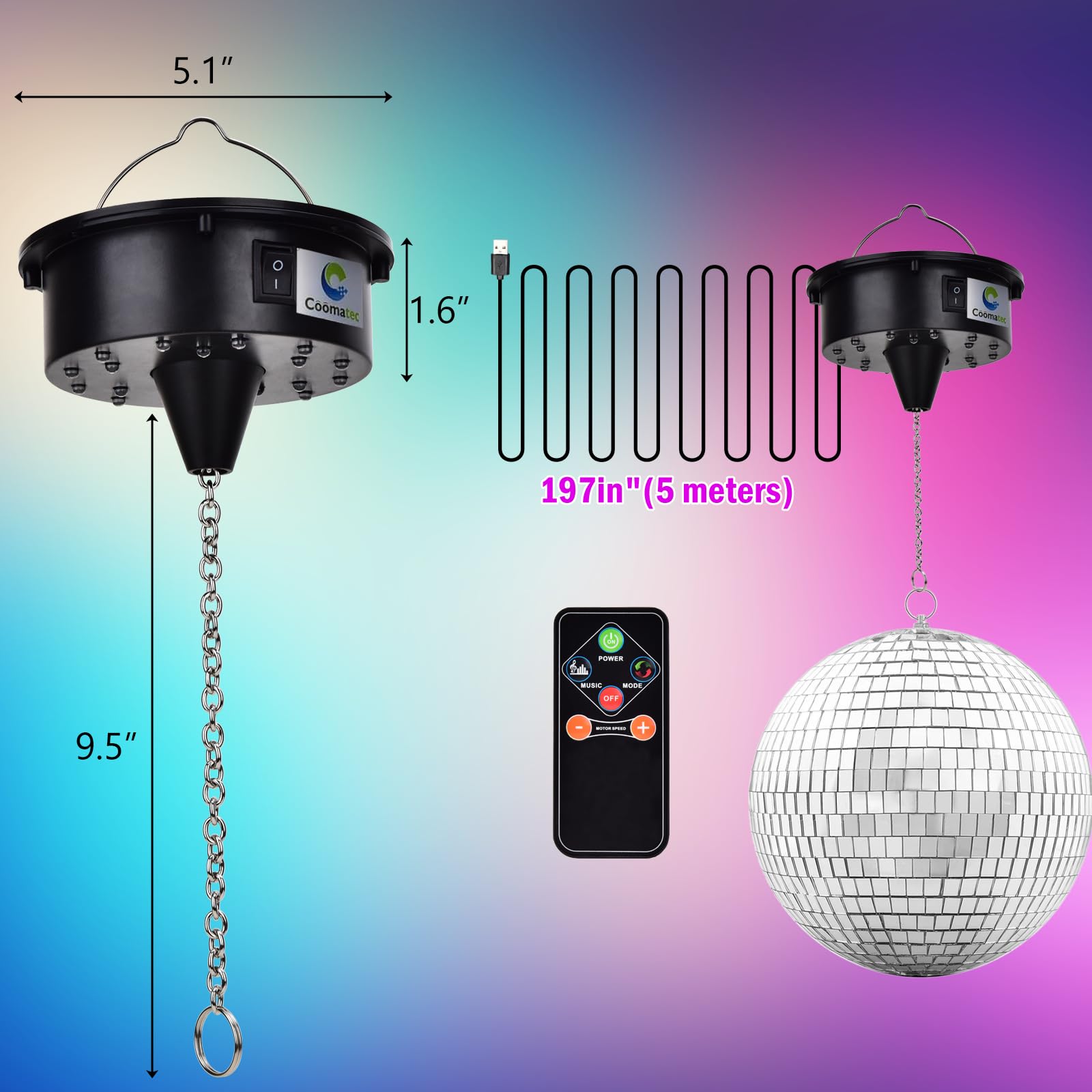7 Hanging Disco Ball with Motor and Light, Rotating Spinner with Remote Control, 4 Light Colors and 18 LEDs for 70s 80s Party DJ