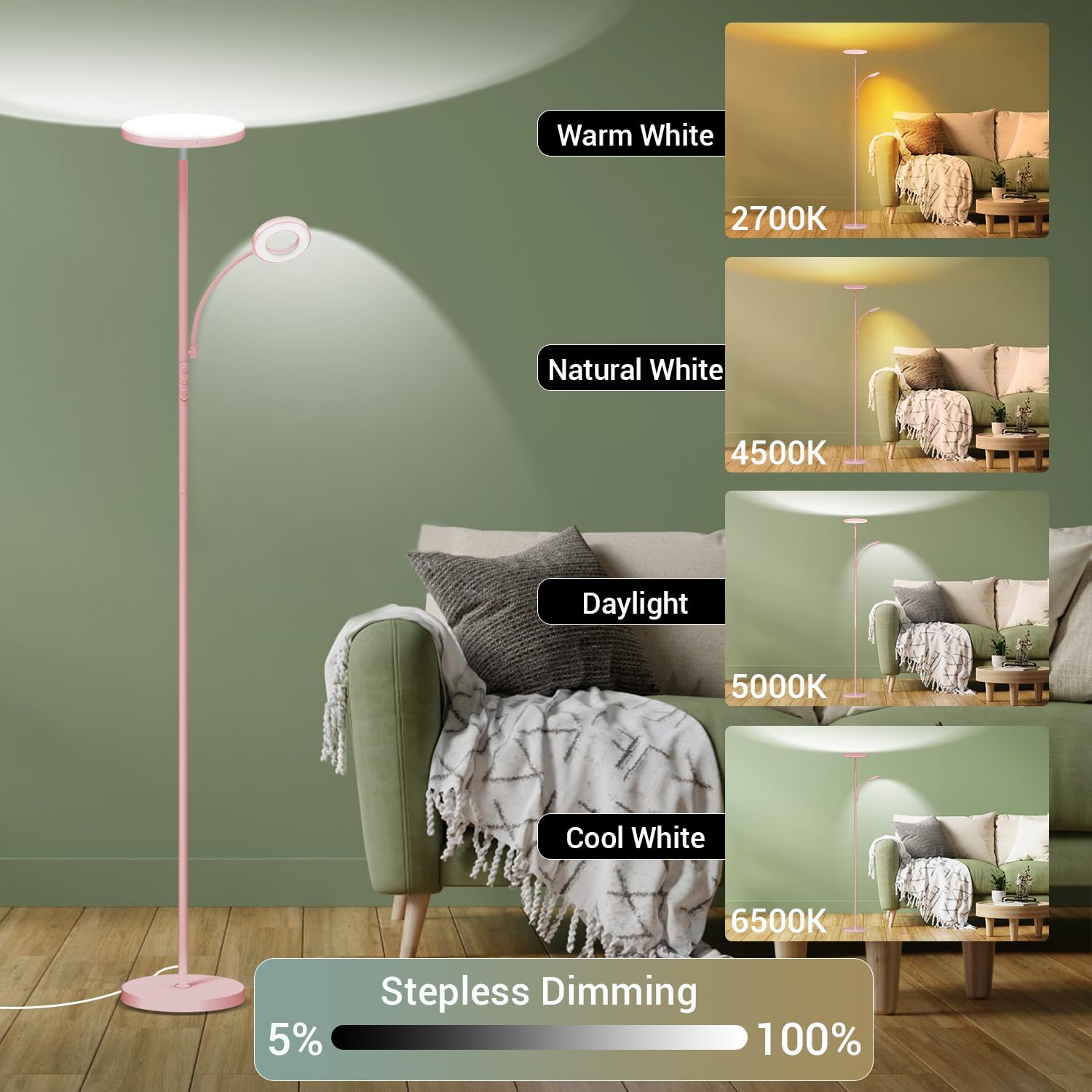 Marctronic Pink Floor Lamp, 42W 4000Lm Super Bright Led Room Lamp With Adjustable Reading Light,Dimmable Modern Standing Lamp Wi