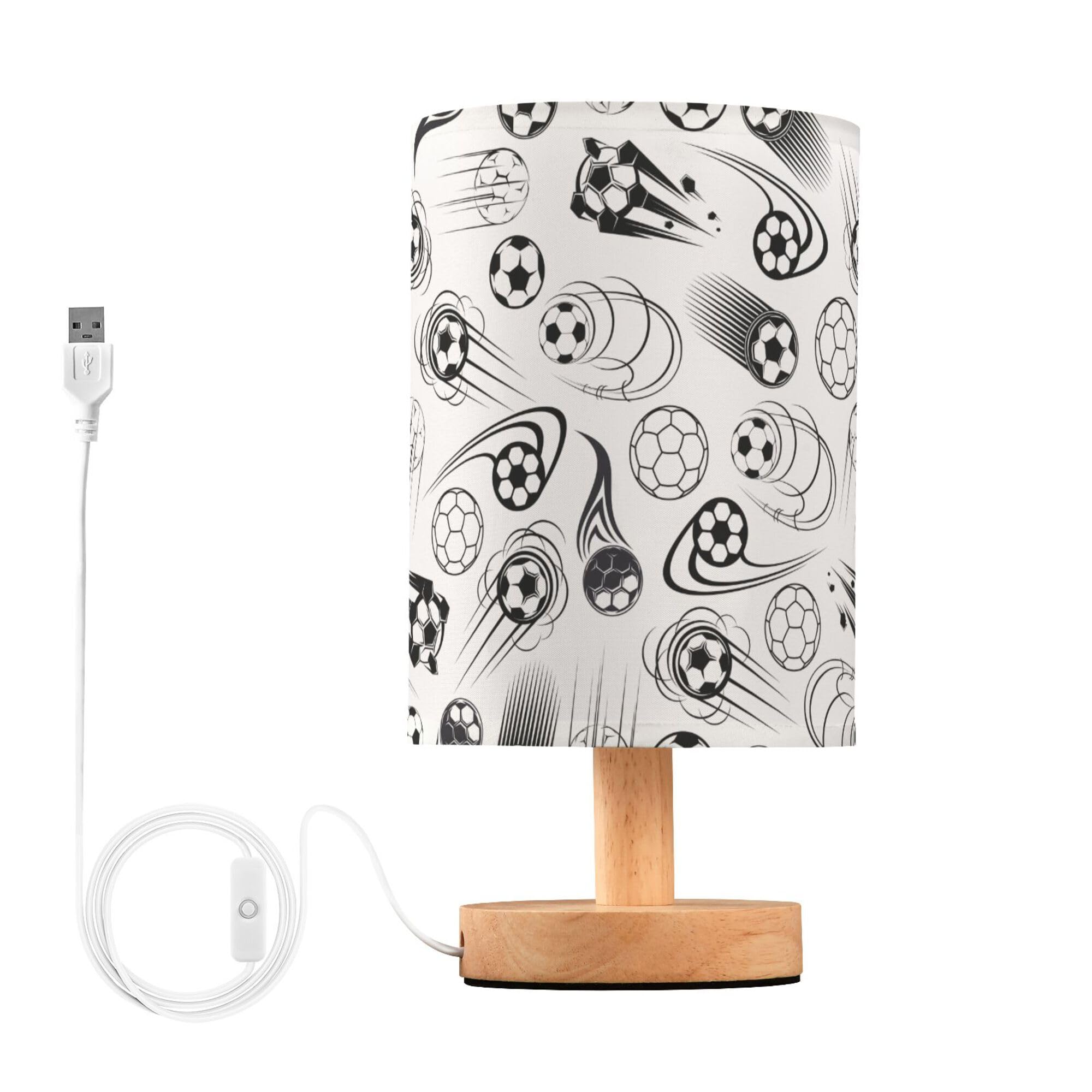 YYZZH Table Lamp Black and White Soccer Ball Sport Theme American Football Pattern Nightstand Lamp with Wood Base Fabric Lamp Sh