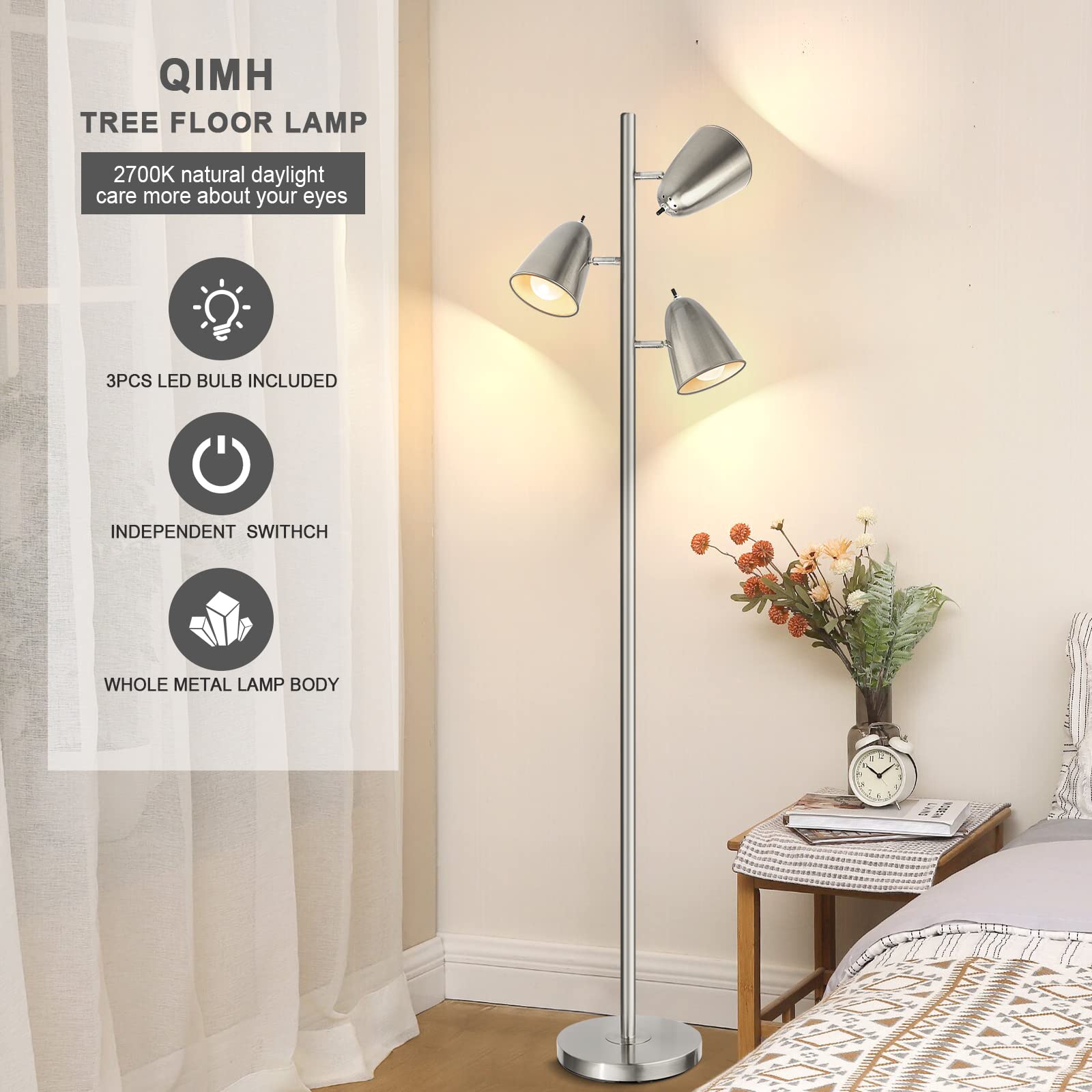 QiMH 3-Head Floor Lamp - Brushed Nickel, Adjustable Arms, Ideal for Living Room, Bedroom, Office, Modern Stand Up Lighting