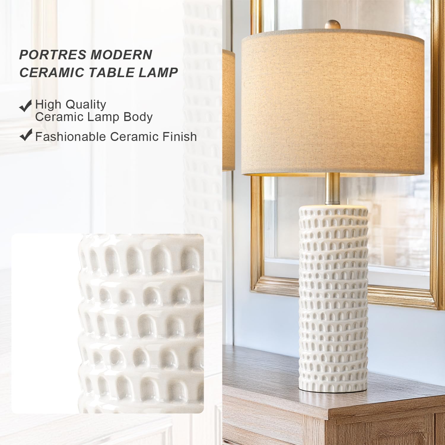PORTRES 24" Ceramic Table Lamp Set of 2 - White Modern Accent Lamps for Bedroom, Living Room, Office, Nightstand, Model AMZ-T1062L-WH