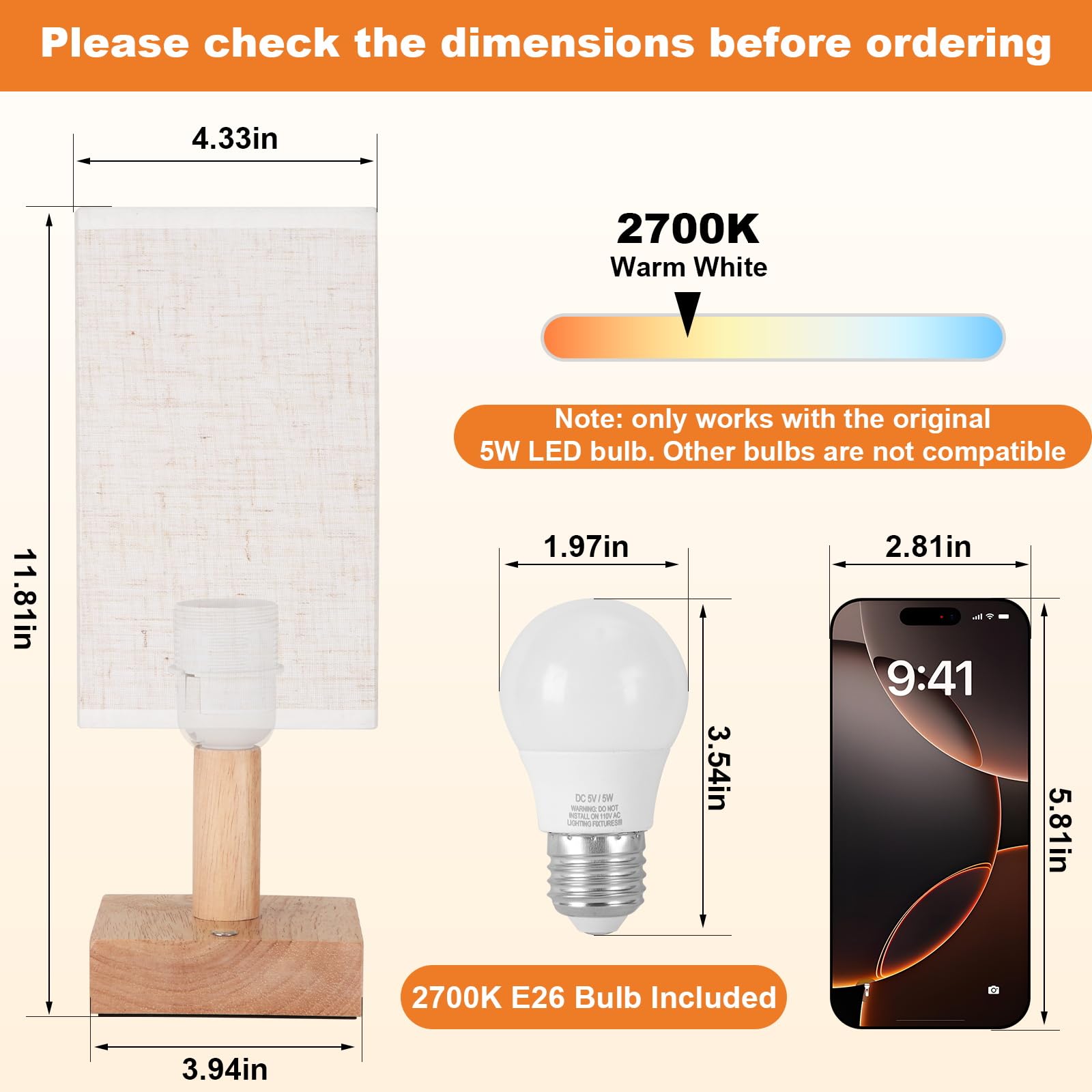 Uchenton Small Corded Touch Square Table Lamp With Stepless Dimming, Natural Wood Base & Linen Fabric Shade, 5W Ambient Night Li